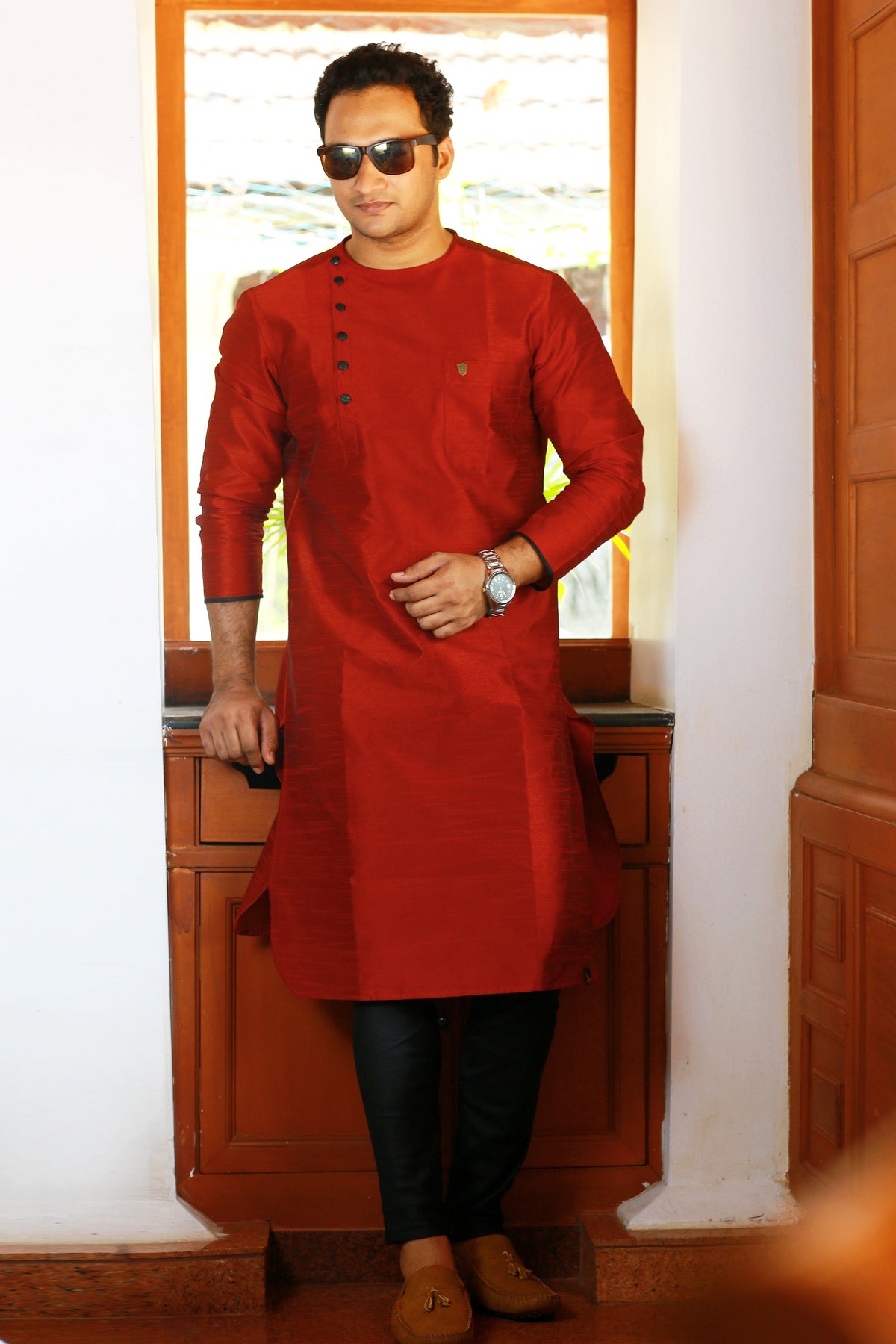 Scarlet Red Side Open Jubba Kurta Set (Kurta + Black Bottom Pants)