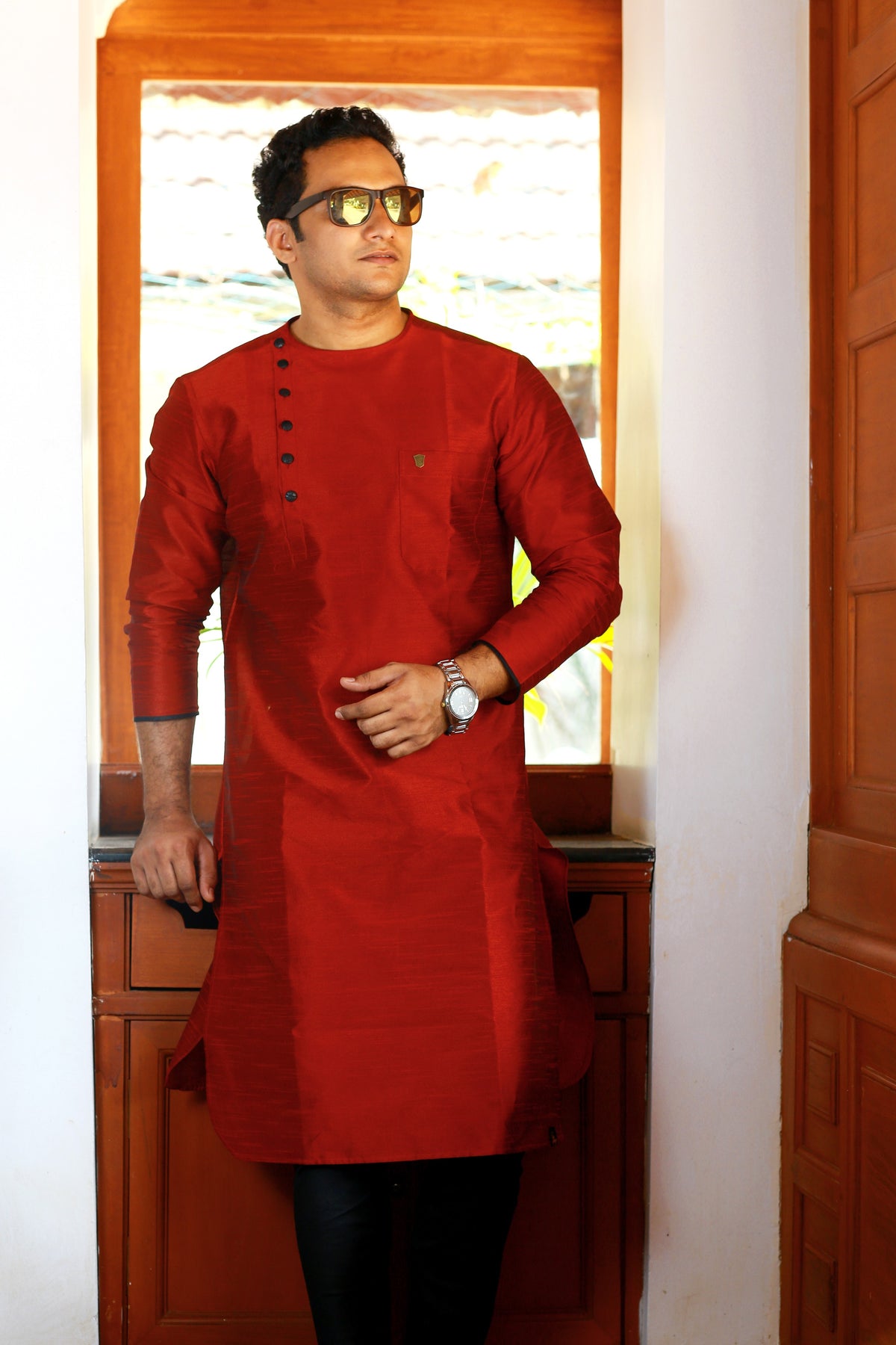 Scarlet Red Side Open Jubba Kurta Set (Kurta + Black Bottom Pants)