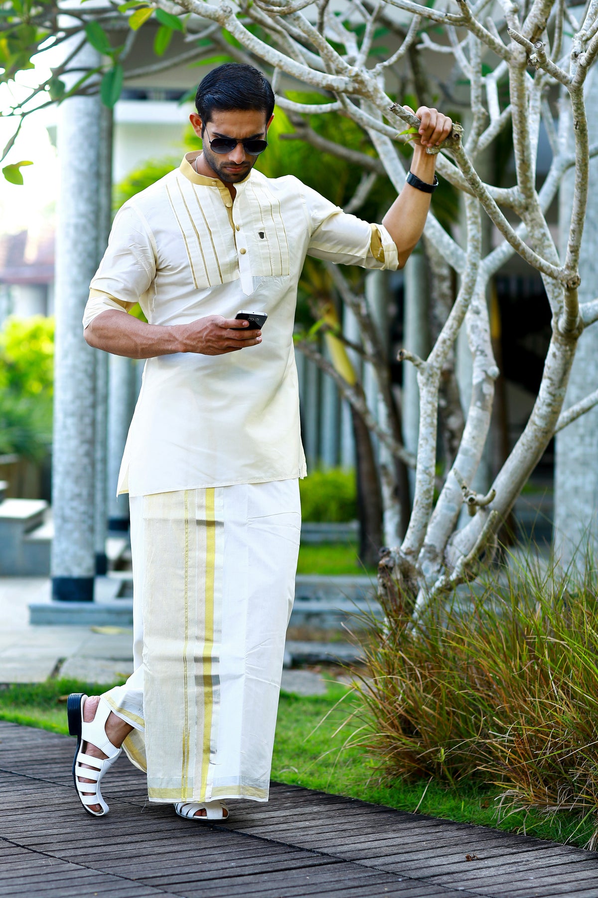 Off White Vertical Pleat Silk Kurta with Golden Zari Detailing on Neck, Placket & Sleeves (Only Kurta)
