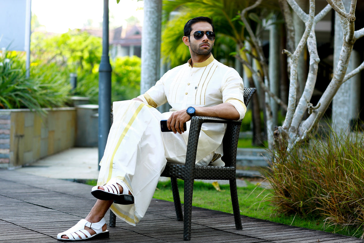 Off White Vertical Pleat Silk Kurta with Golden Zari Detailing on Neck, Placket & Sleeves (Only Kurta)