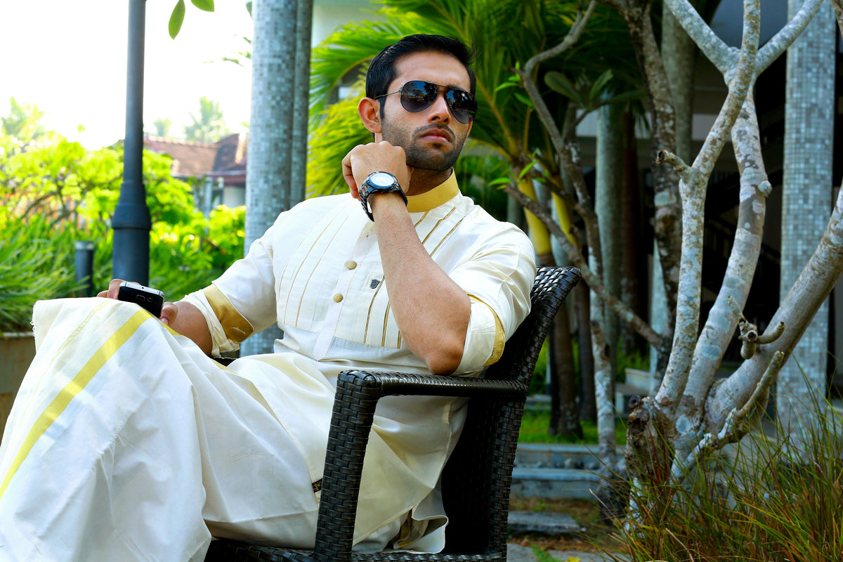 Off White Vertical Pleat Silk Kurta with Golden Zari Detailing on Neck, Placket & Sleeves (Only Kurta)