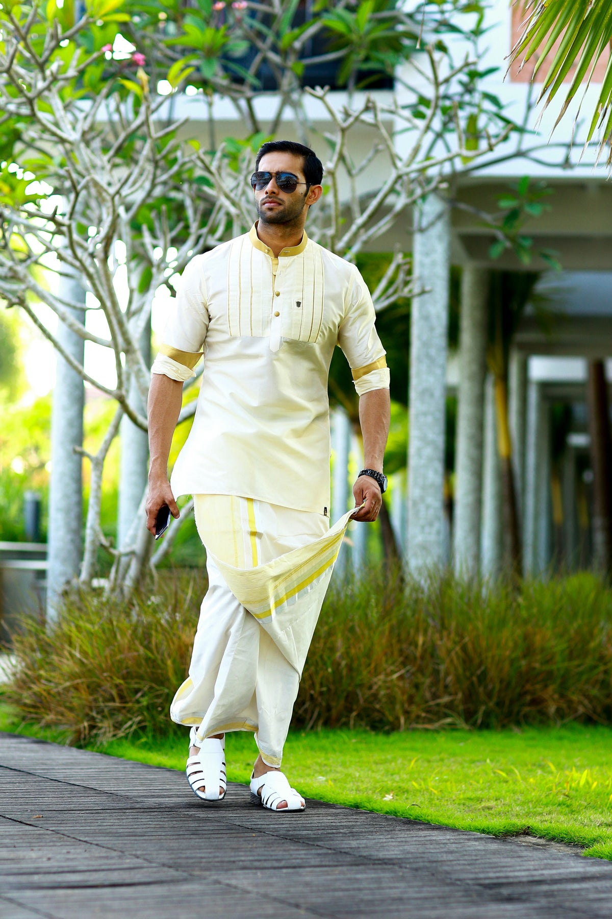 Off White Vertical Pleat Silk Kurta Set with Golden Zari Detailing on Neck, Placket & Sleeves (Kurta + Kasavu Munde)