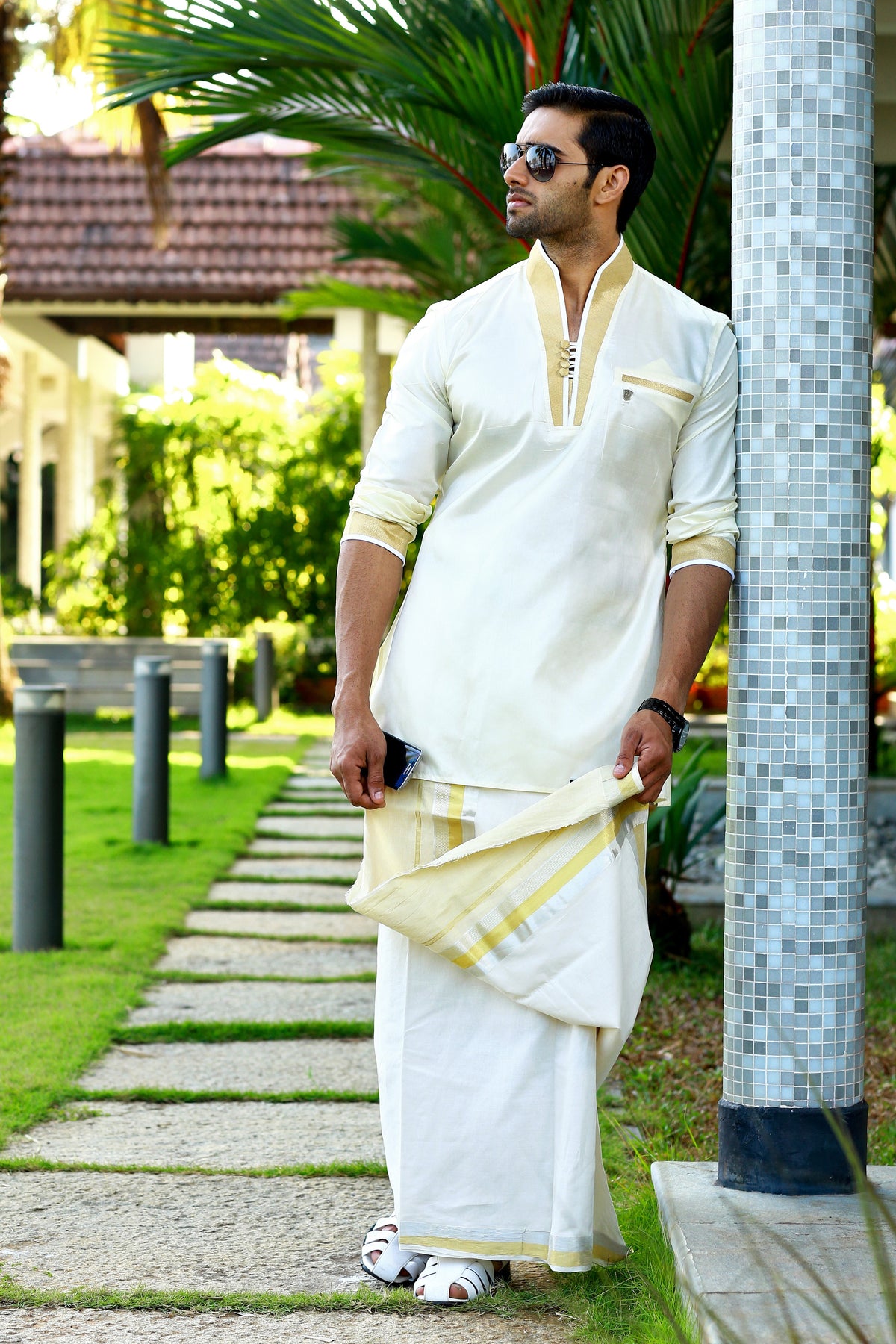 Off White Silk Kurta Set with Golden Zari Detailing on Placket & Sleeves (Kurta + Kasavu Munde)