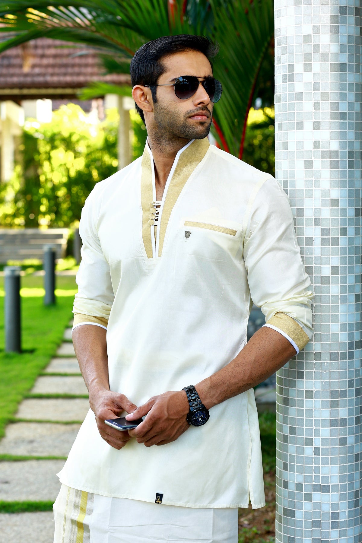 Off White Silk Kurta Set with Golden Zari Detailing on Placket & Sleeves (Kurta + Kasavu Munde)