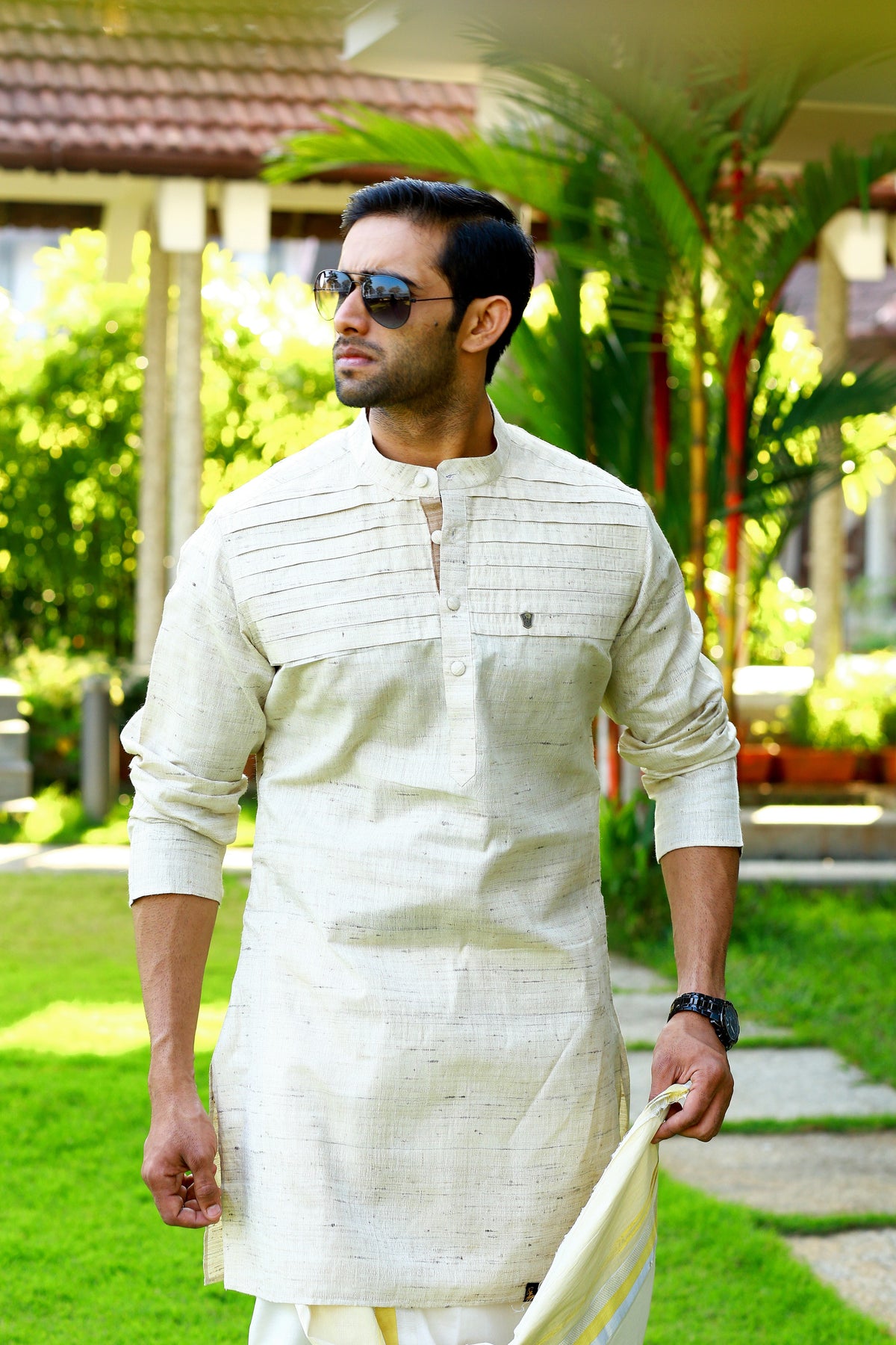 Silk Kurta Set with Horizontal Pleat Detailing (Kurta + Kasavu Munde)
