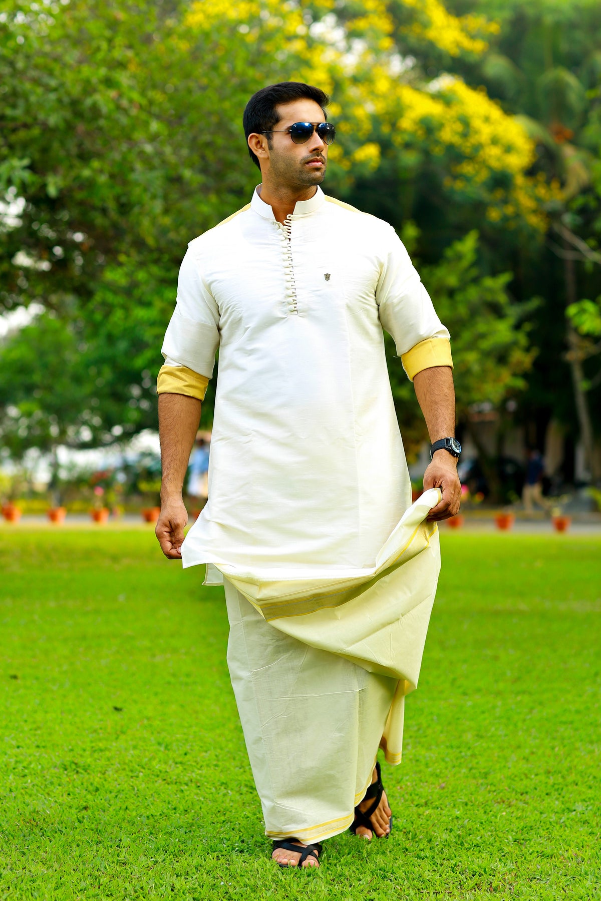 Off White Silk Kurta With Golden Zari Detailing on Shoulder & Sleeves (Only Kurta)