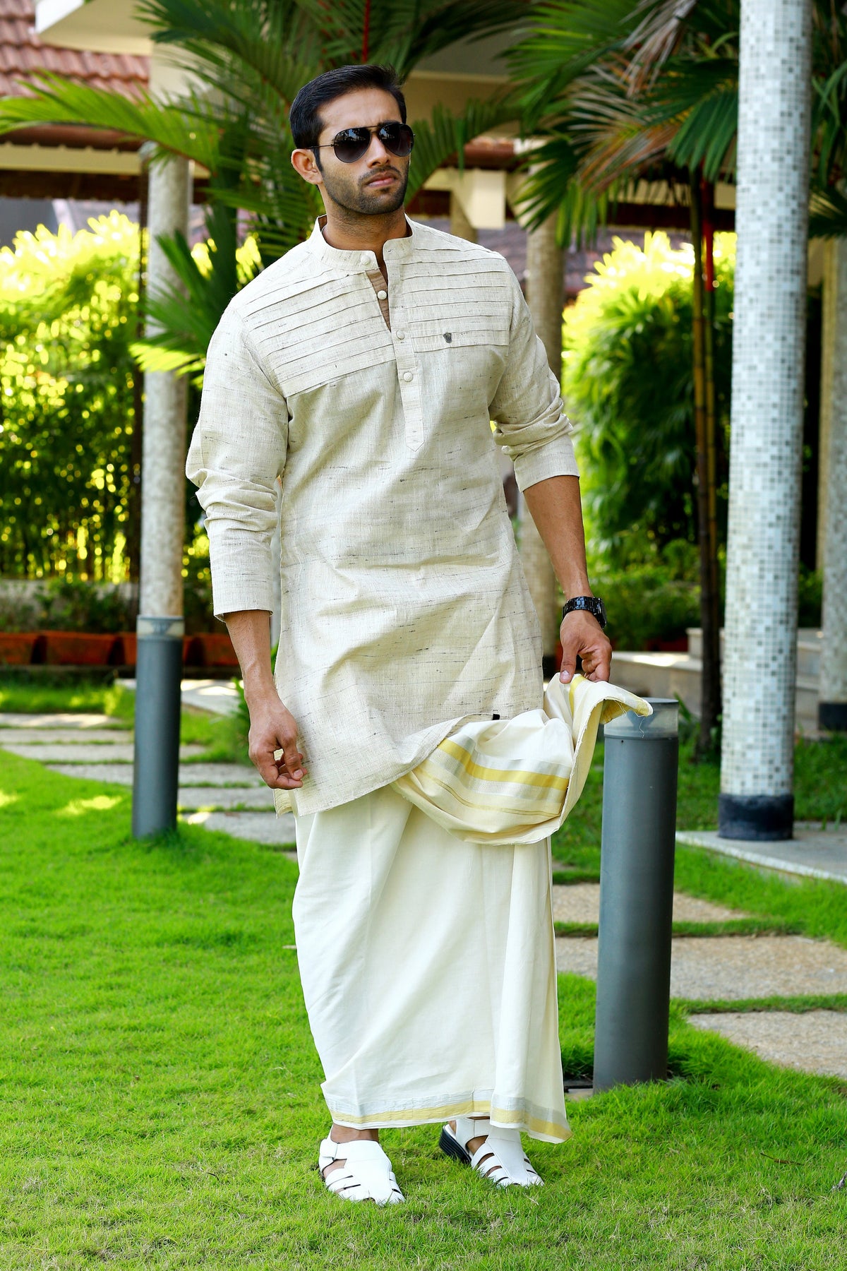 Silk Kurta Set with Horizontal Pleat Detailing (Kurta + Kasavu Munde)