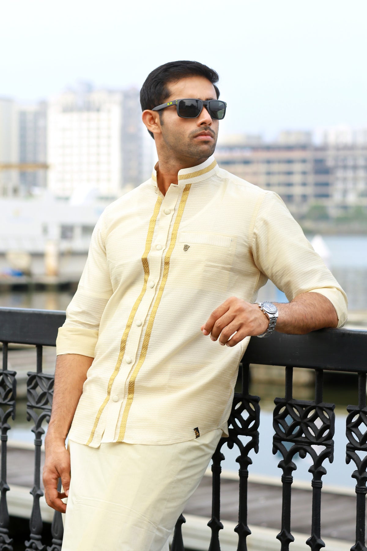 Off White Dotted Silk Chinese Collar Shirt with Gold Zari Detailing (Shirt Only)