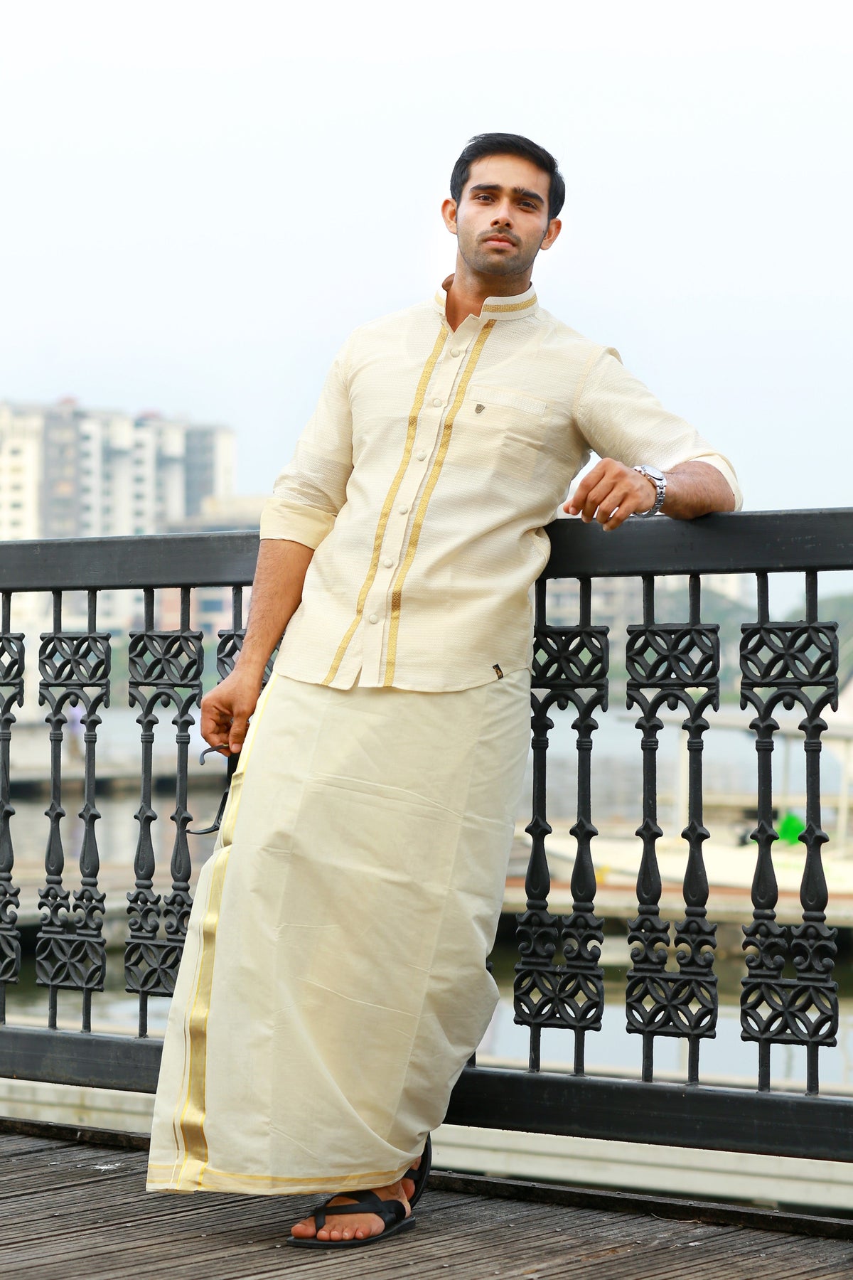 Off White Dotted Silk Chinese Collar Shirt with Gold Zari Detailing (Shirt + Kasavu Munde )