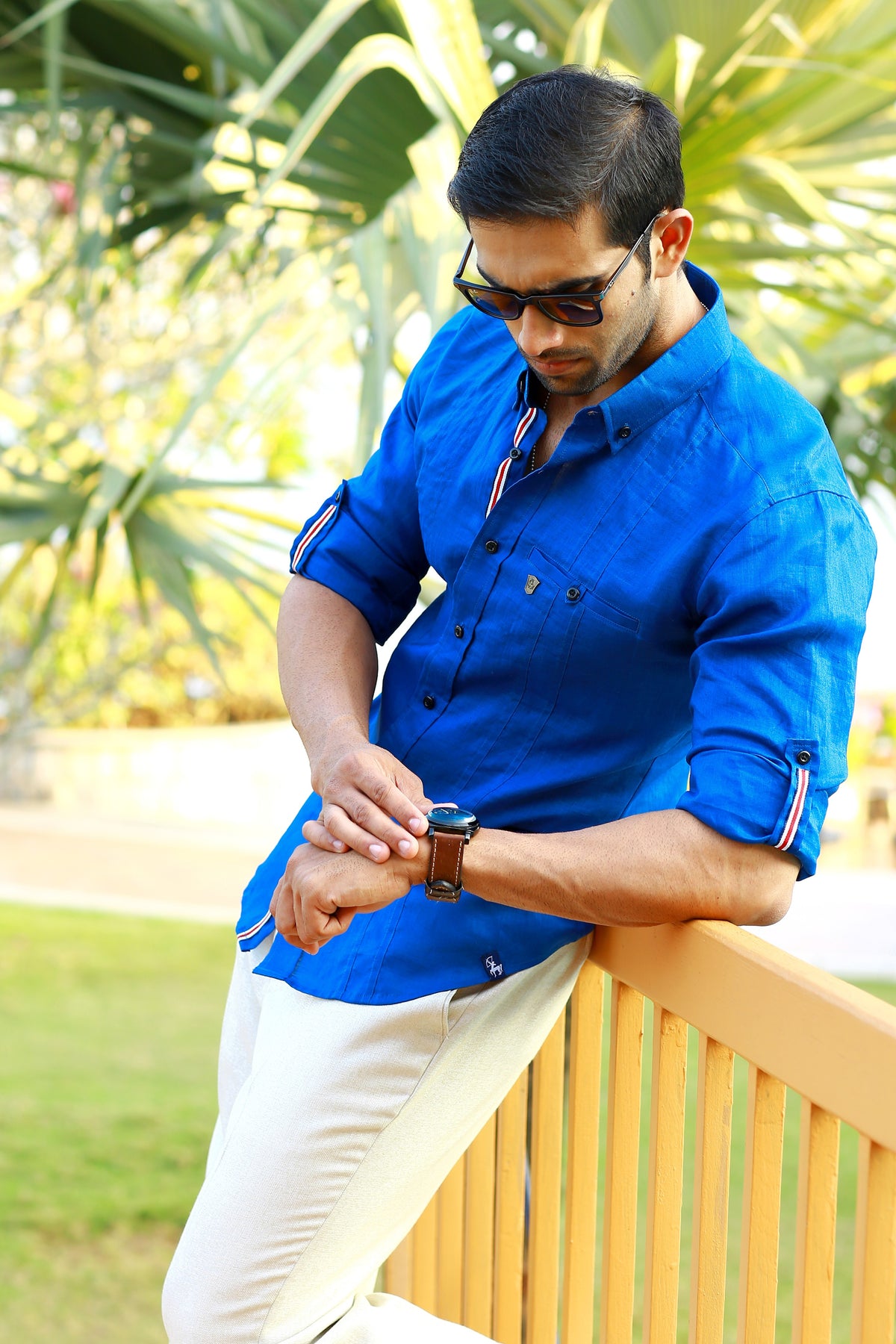 Egyptian Blue Linen Shirt with Red/White Tape Detailing on Placket & Sleeve (Only Shirt)