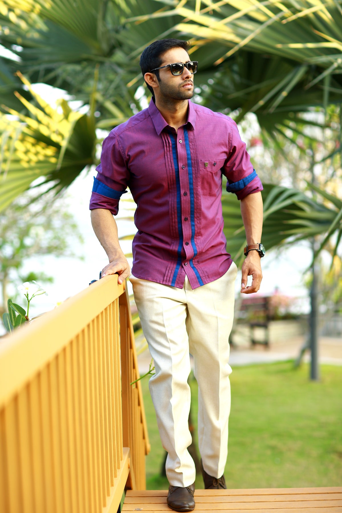 Sangria Purple Shirt wIth Blue Detailing on placket & Sleeves (Only Shirt)