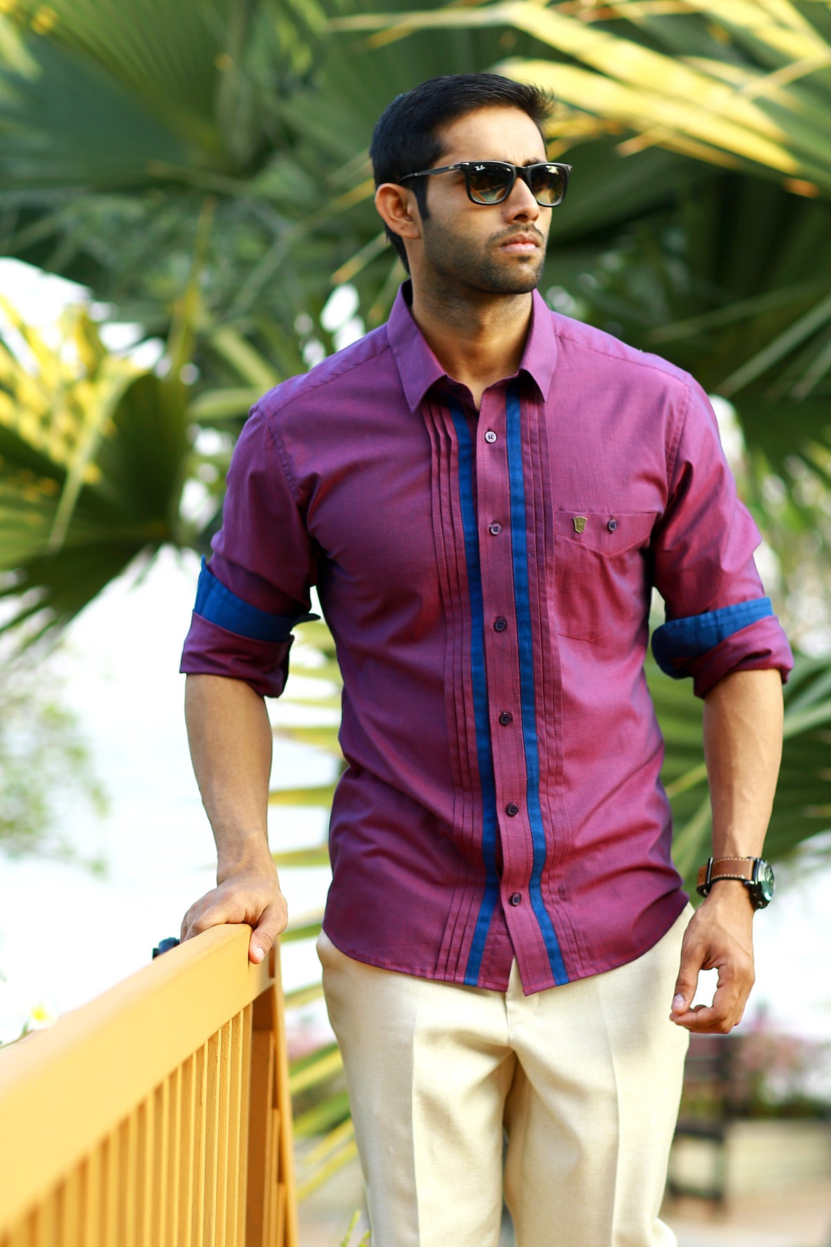 Sangria Purple Shirt wIth Blue Detailing on placket & Sleeves (Only Shirt)