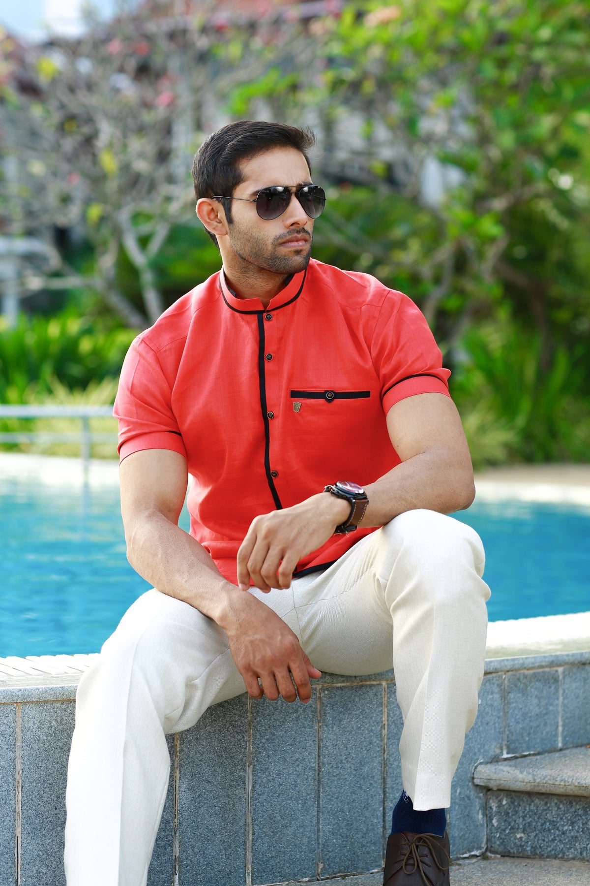 Coral Peach Linen Shirt with Black Pipping Detailing on Placket, Sleeve & Neck (Only Shirt)