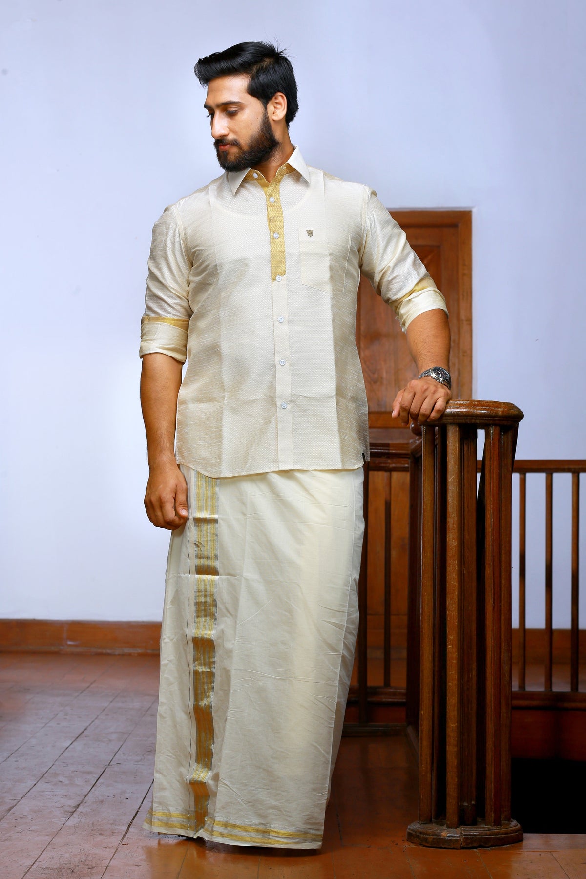 Off White Dotted Silk Cutaway Collar Shirt with Gold Zari Detailing (Shirt + Kasavu Munde )