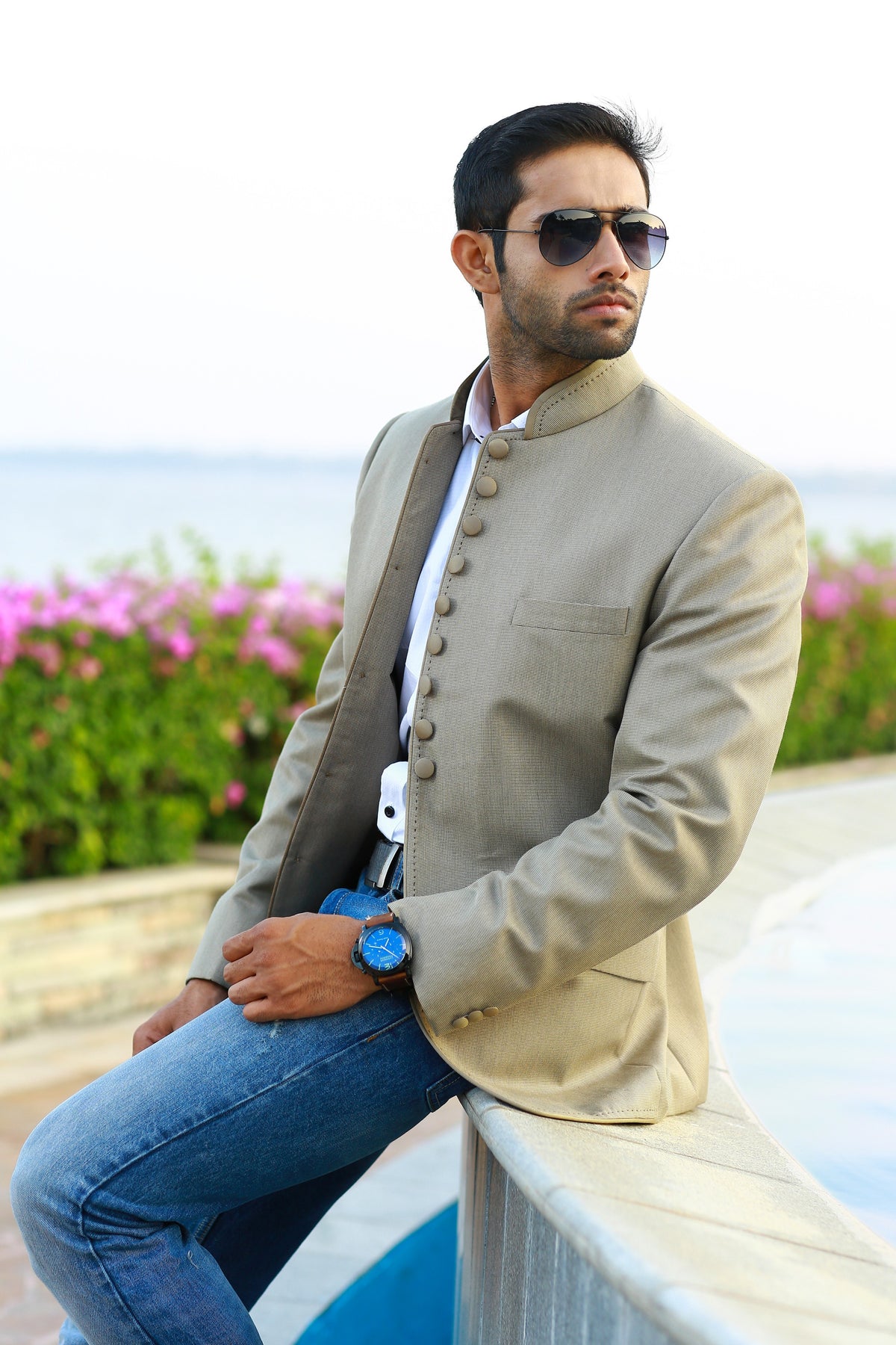 Ecru Beige Indo Western Bandhgala Suit with Stitch Detail (Only Jacket)