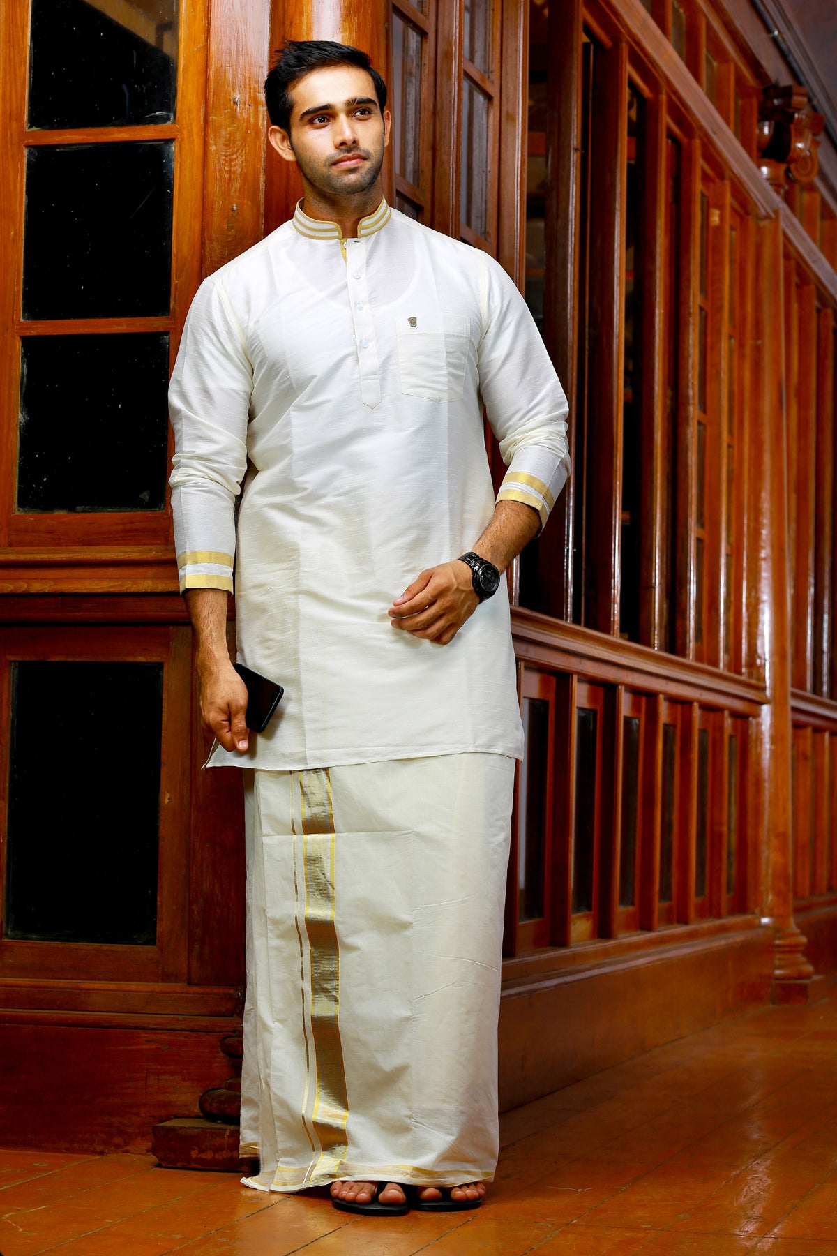 Off White Silk Kurta Set with Golden Zari Detailing on Neck & Sleeves (Kurta + Kasavu Munde)