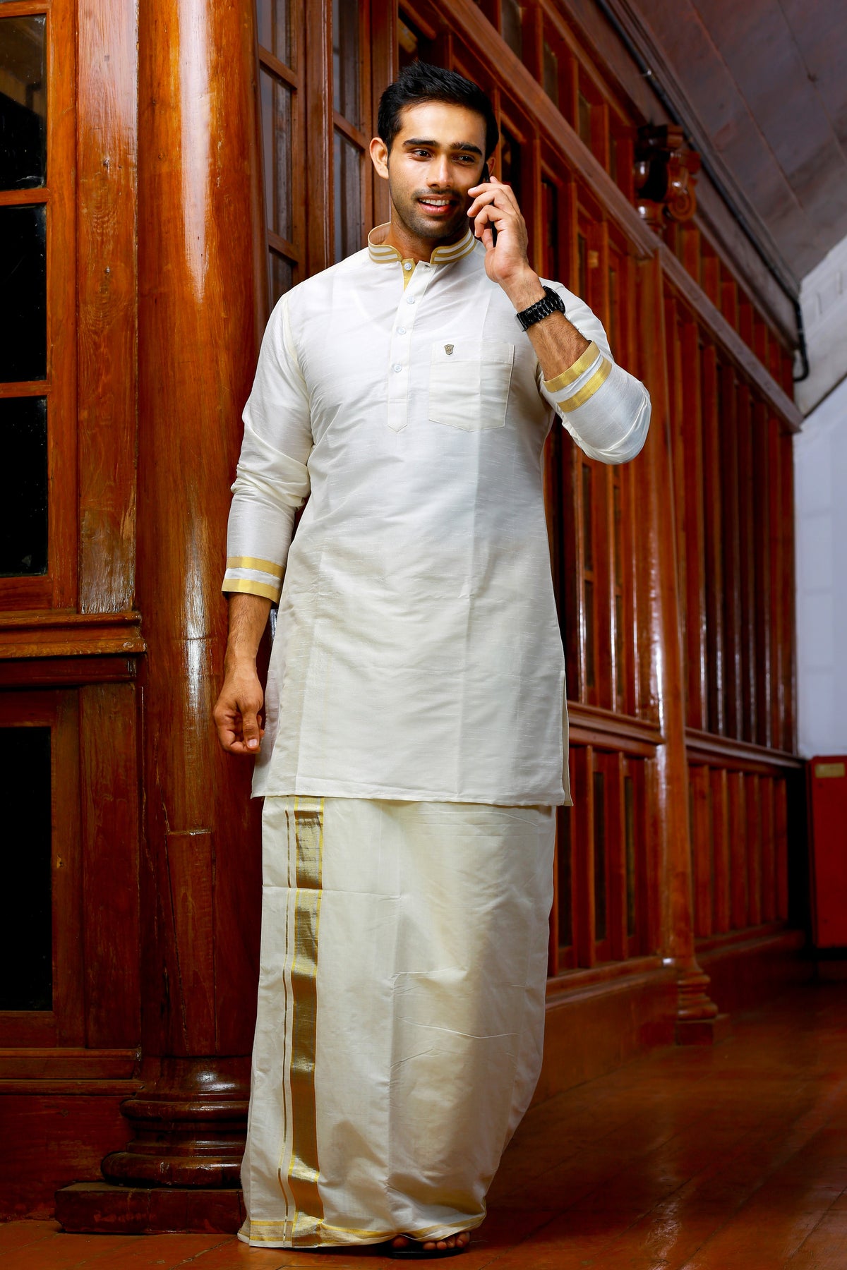 Off White Silk Kurta with Golden Zari Detailing on Neck & Sleeves (Only Kurta)