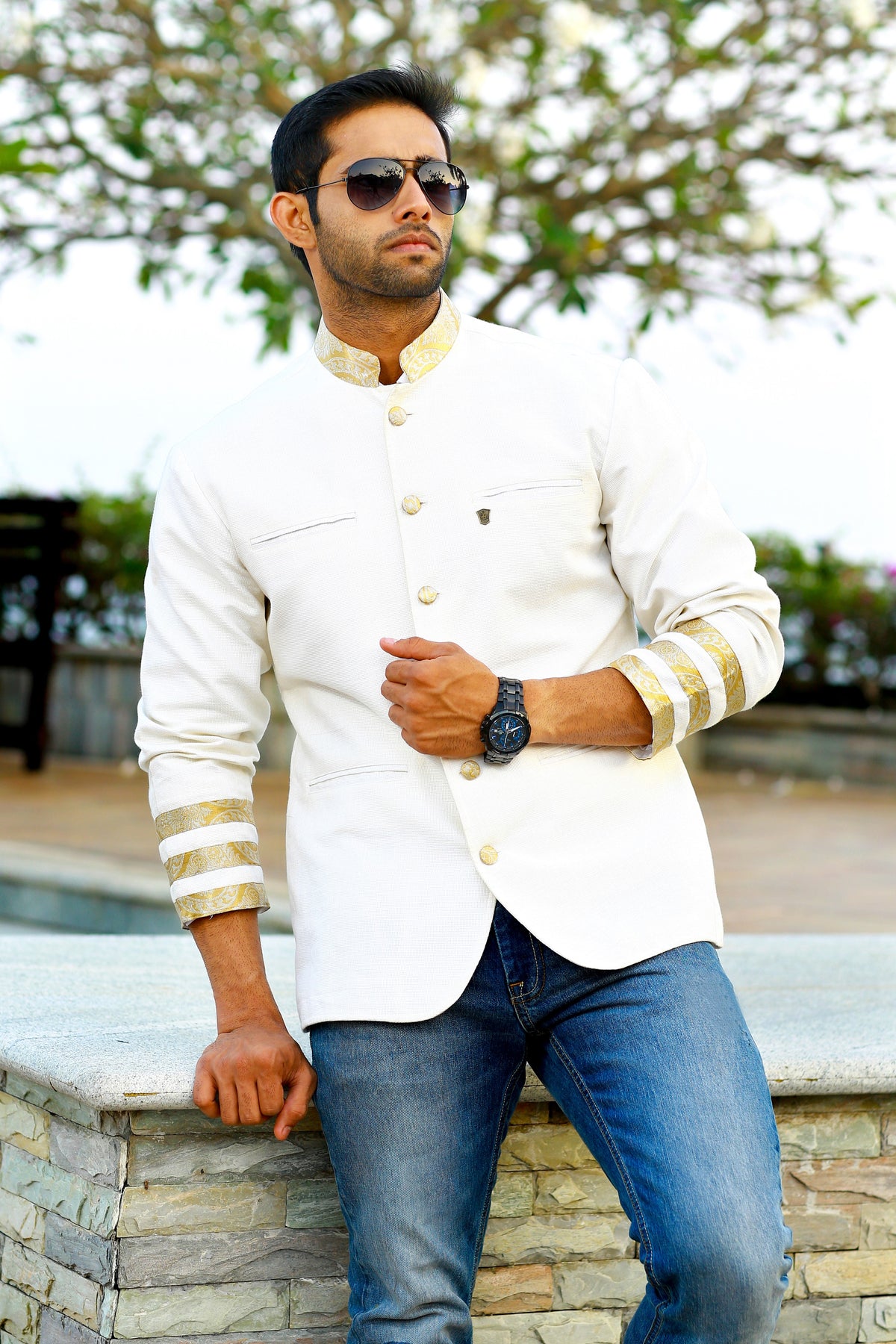 Traditional Indo Western Bandhgala Suit With Zari Kasavu Detailing (Only Jacket)