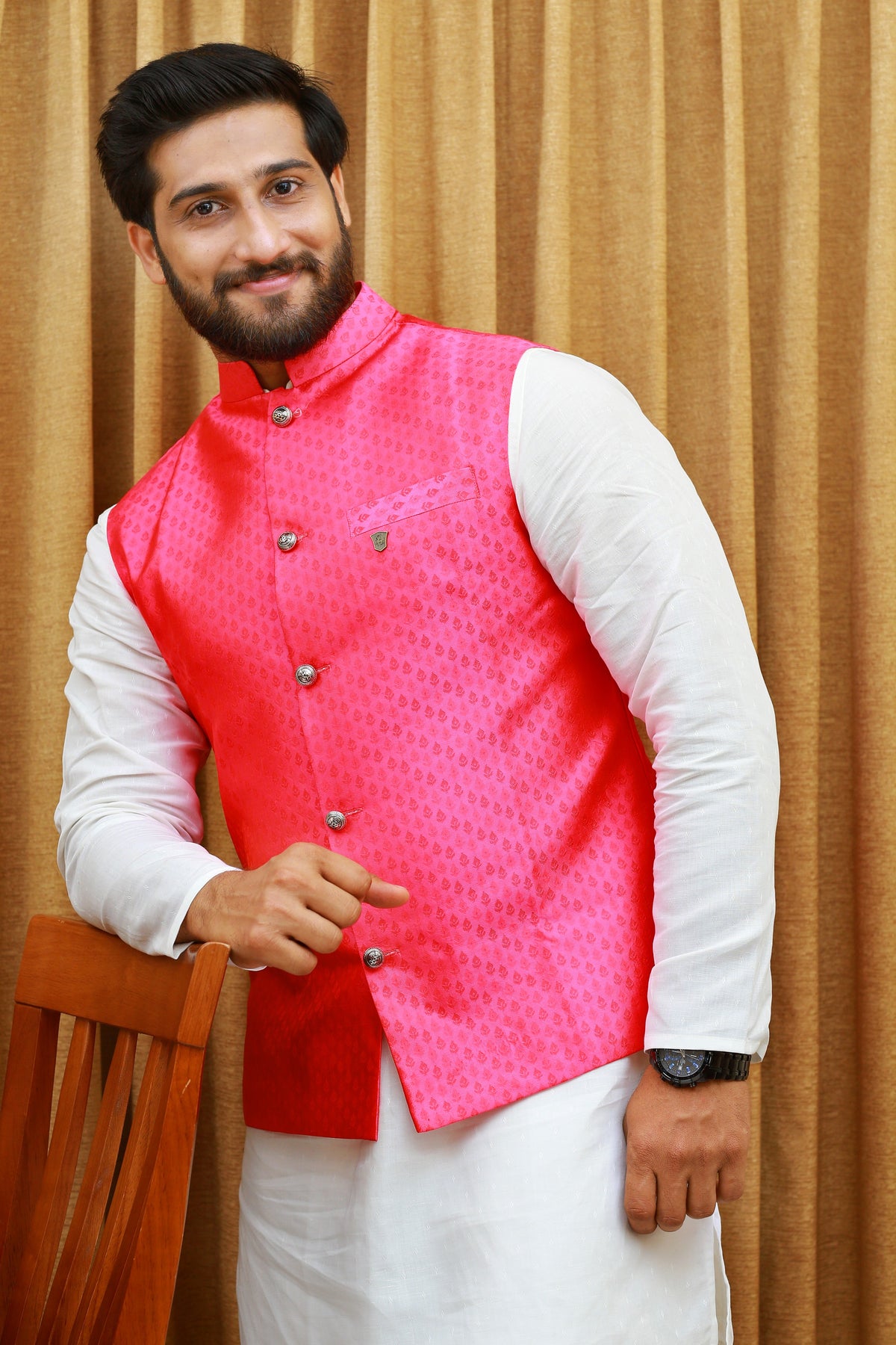 Pink Brocade Nehru Jacket with White Linen Kurta & White Silk Bottom (Set of 3)