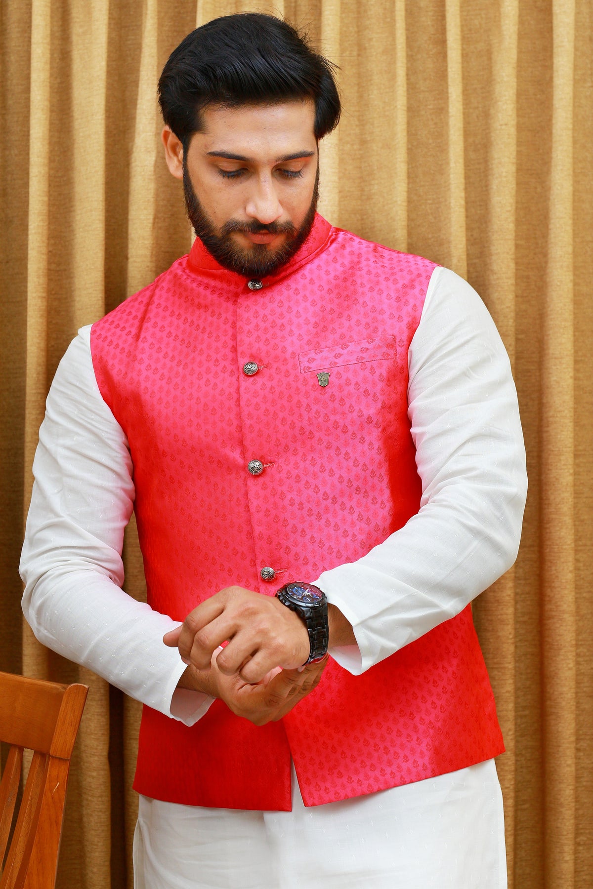 Pink Brocade Nehru Jacket with White Linen Kurta & White Silk Bottom (Set of 3)