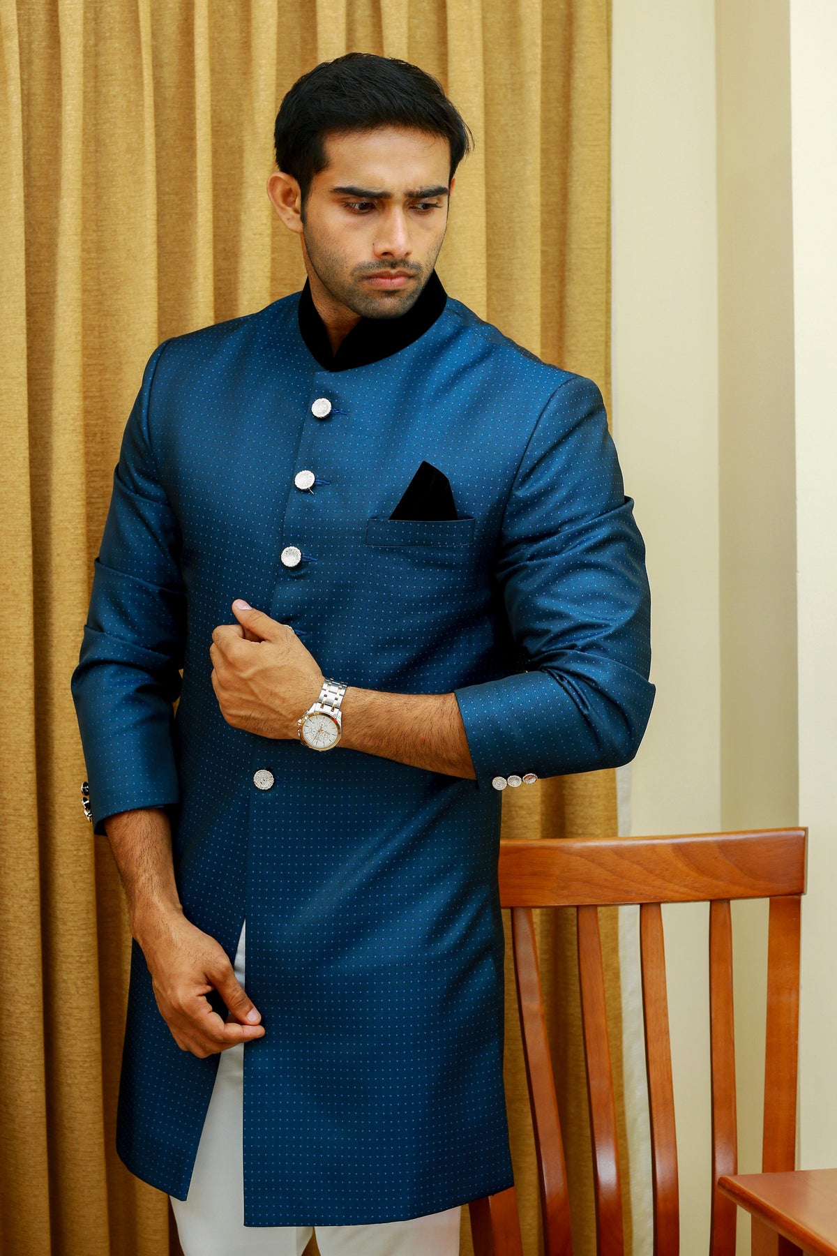 Dotted Oxford Blue Indo Western Slim Achkan Suit paired with White Narrow Pants (Set of 2)