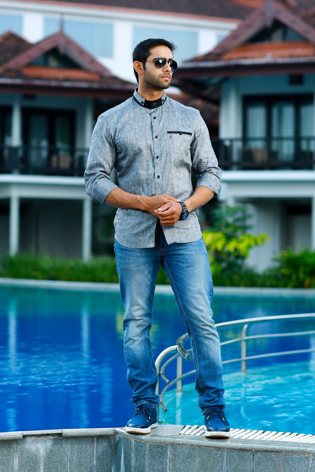 Silver Grey Irish Linen Shirt with Black Contrast on Neck & Pocket (Only Shirt)