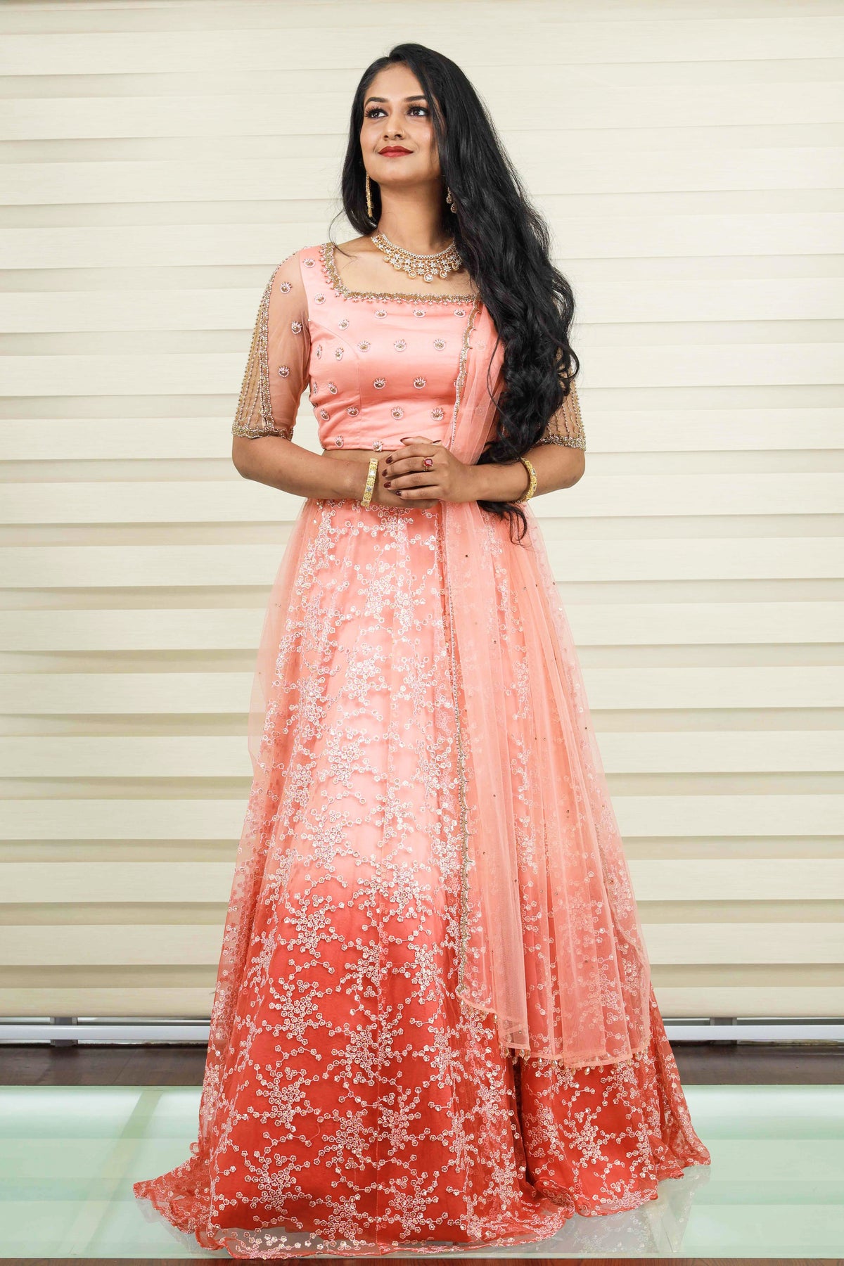Ombre Tulle Lehenga with Zardozi & Cut Bead Detailing