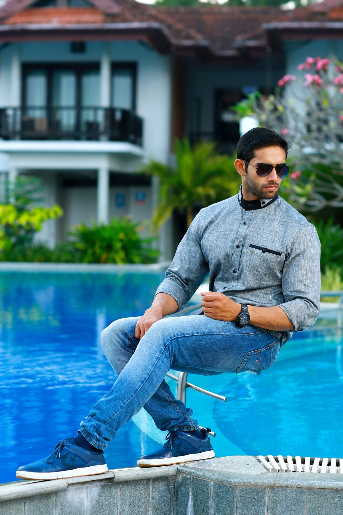 Silver Grey Irish Linen Shirt with Black Contrast on Neck & Pocket (Only Shirt)