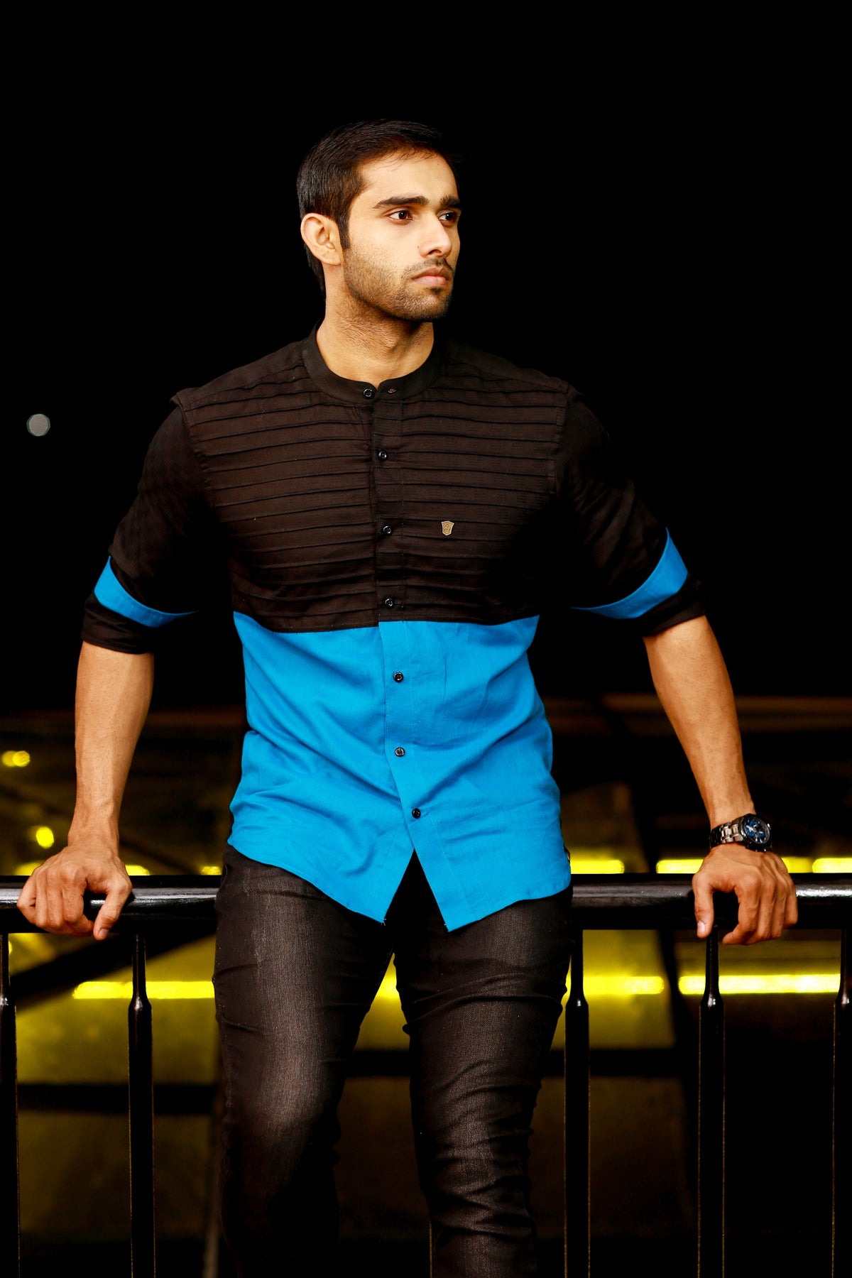 Jet Black Irish Linen Shirt with contrast pattern Detailing in Azure Blue (Only Shirt)