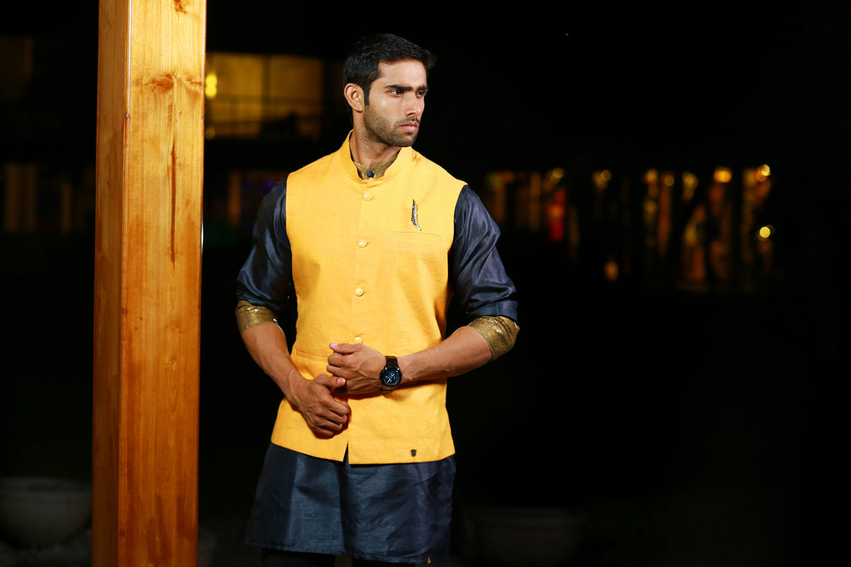 Mustard Linen Nehru Jacket with Black Silk Kurta & Black Bottom (Set of 3)