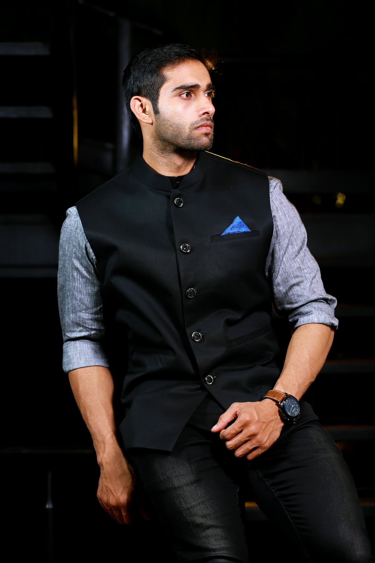 Grey Linen Shirt with Black Suiting Nehru Jacket Set (Set of 3)