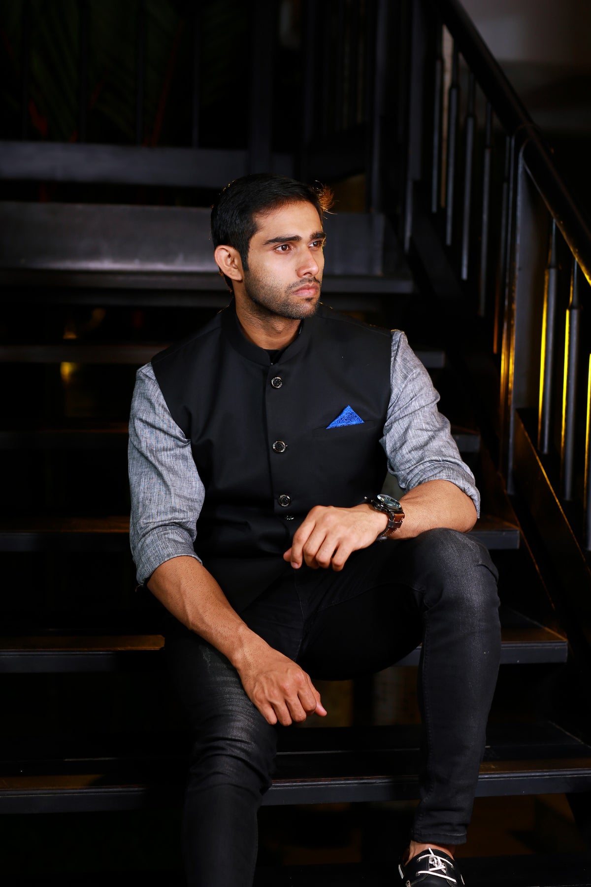 Grey Linen Shirt with Black Suiting Nehru Jacket Set (Set of 3)