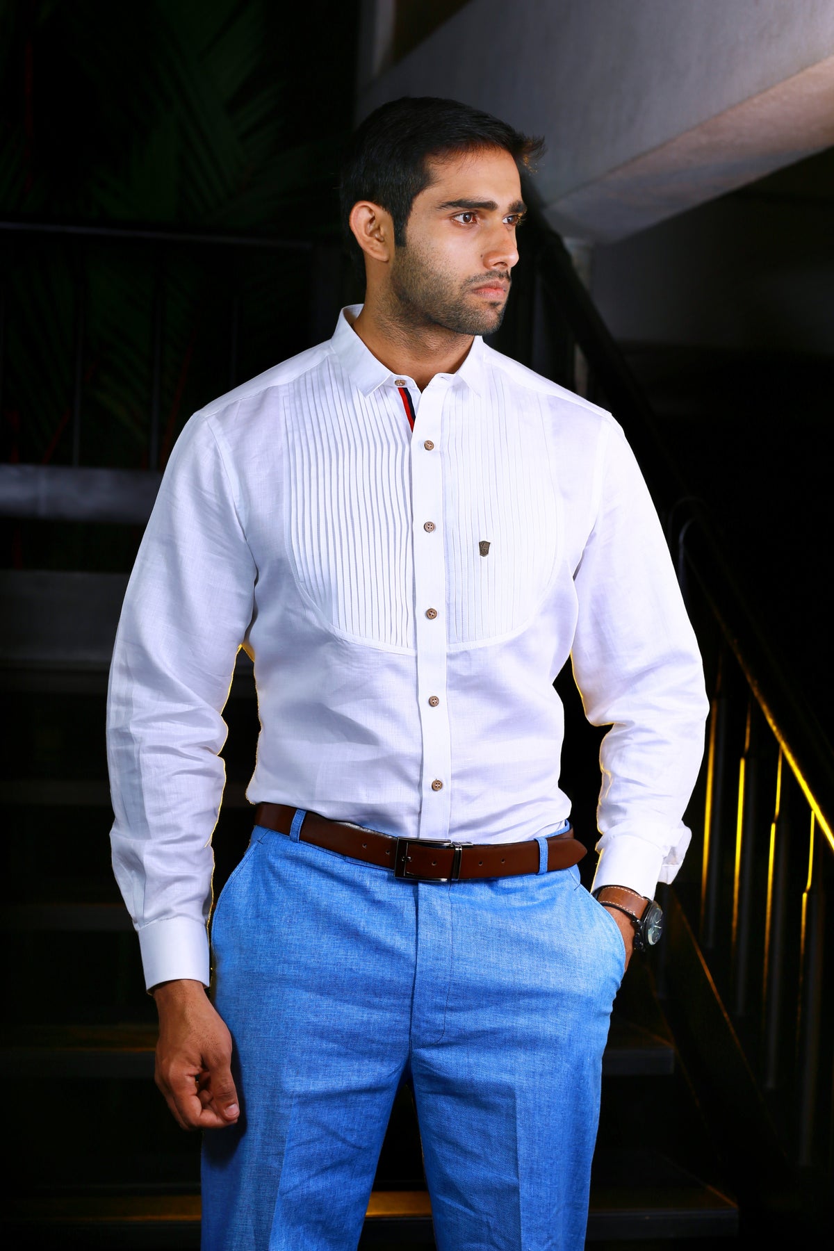 Cornflower Blue Linen 2 Piece Suit Set with White Pleated Shirt (Set of 3)