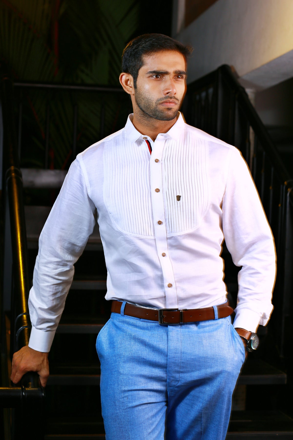 Cornflower Blue Linen 2 Piece Suit Set with White Pleated Shirt (Set of 3)