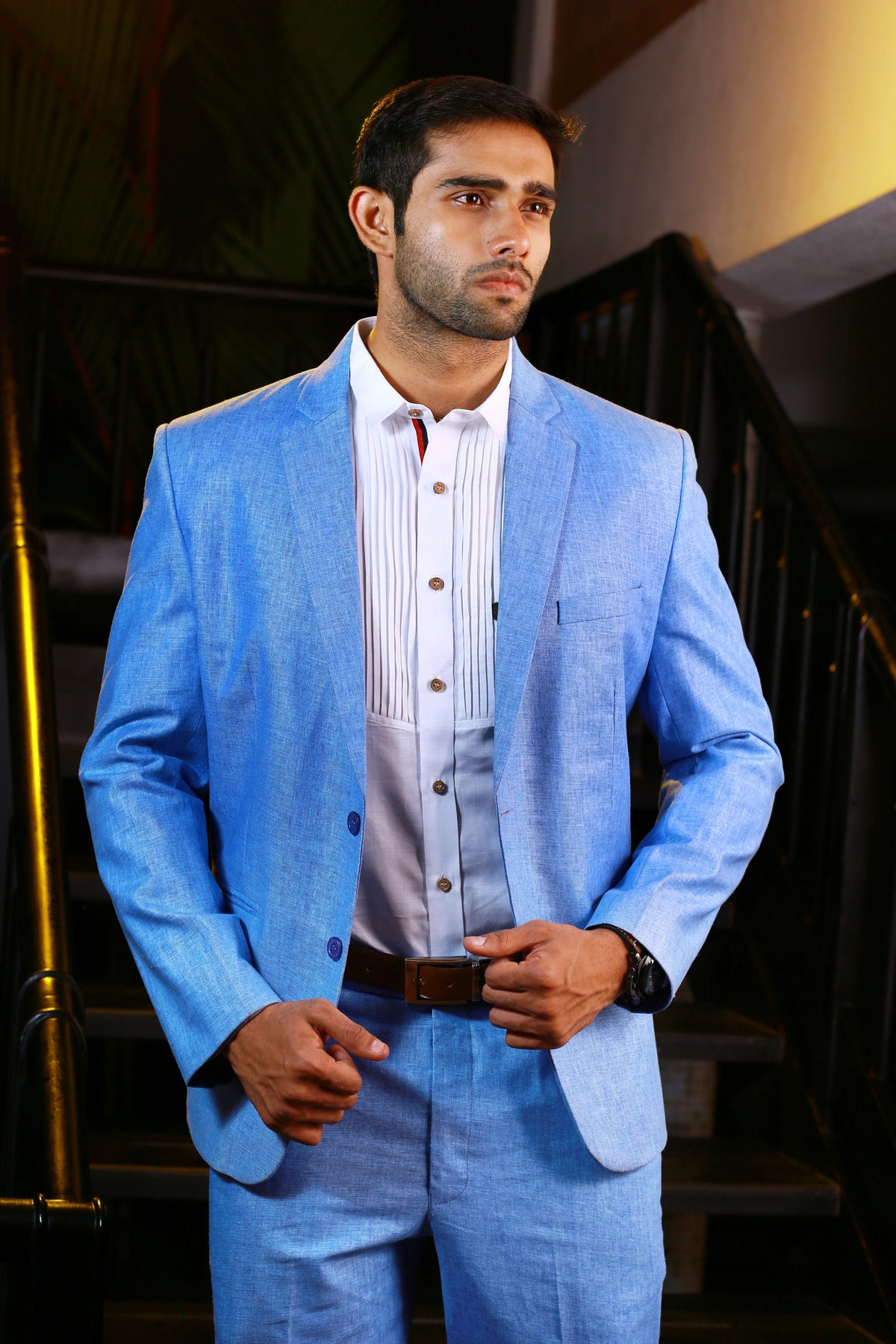 Cornflower Blue Linen 2 Piece Suit Set with White Pleated Shirt (Set of 3)
