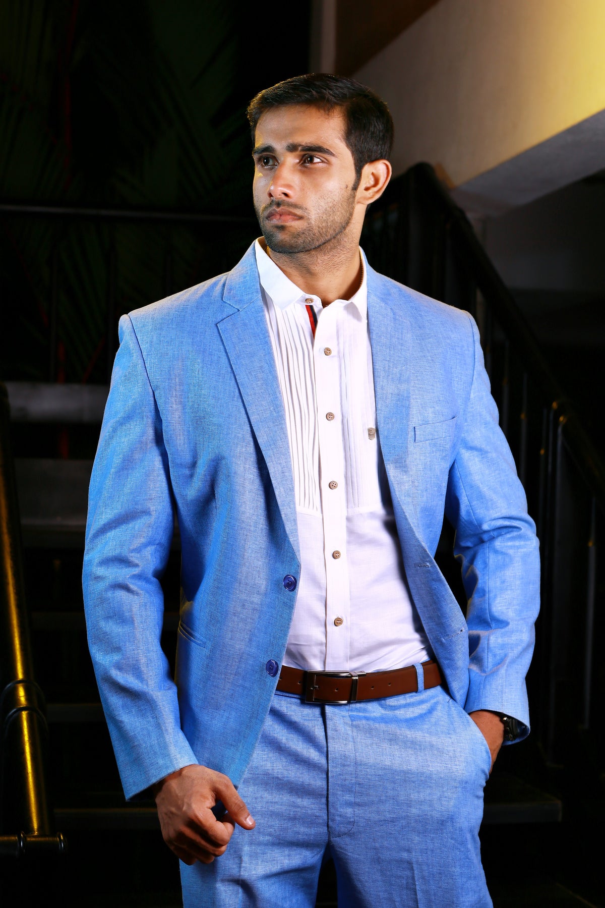 Cornflower Blue Linen 2 Piece Suit Set with White Pleated Shirt (Set of 3)