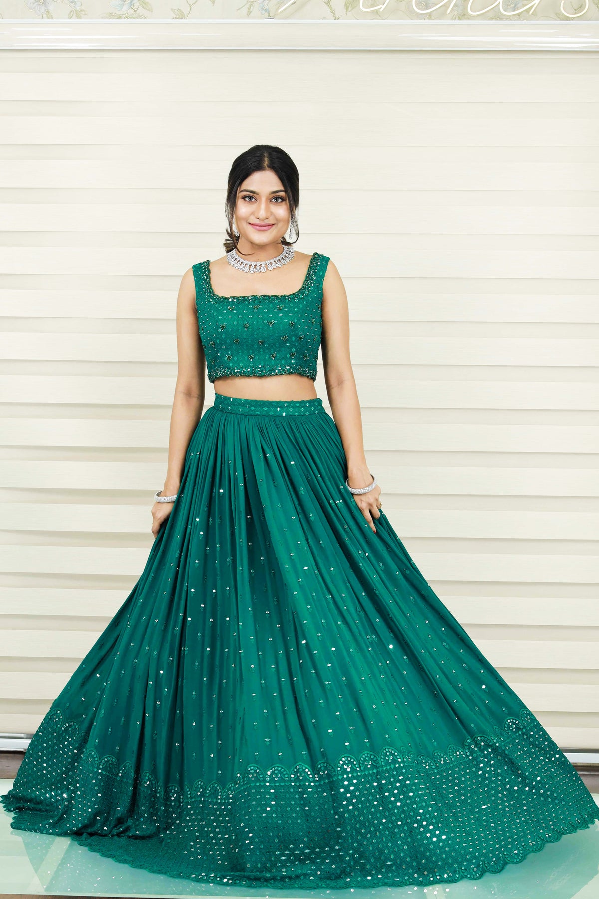 Castleton Green Lehenga with Mirror Work & Resham Handwork Detailing