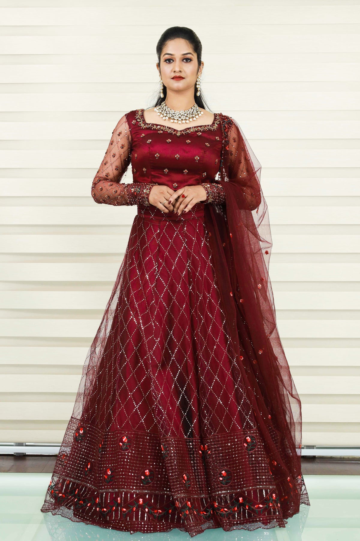 Wine Red Wide Sweet Heart Neck Lehenga Detailed with Muliti Color French Knots & Zardozi