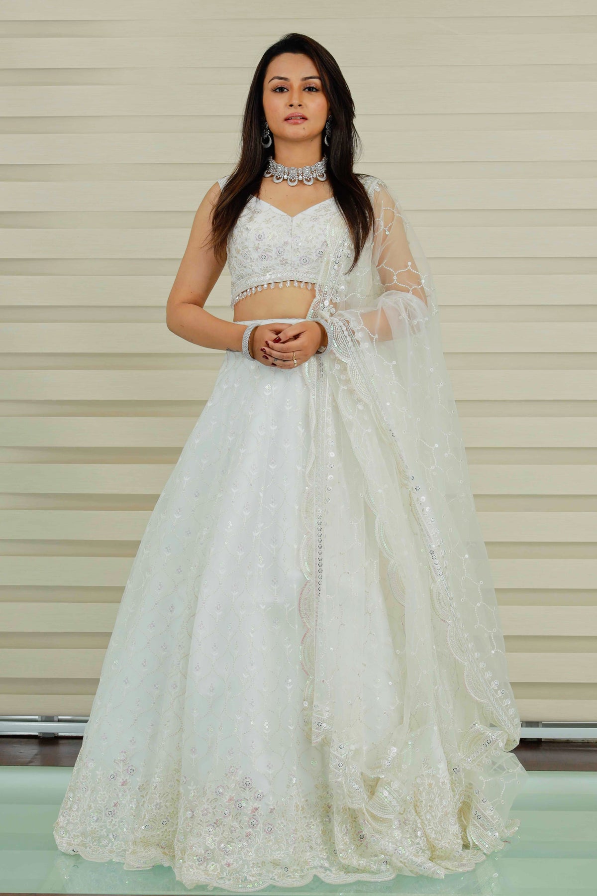 Snow White Hue Lehenga Detailied in Golden Dabka Embroidery & Thread work