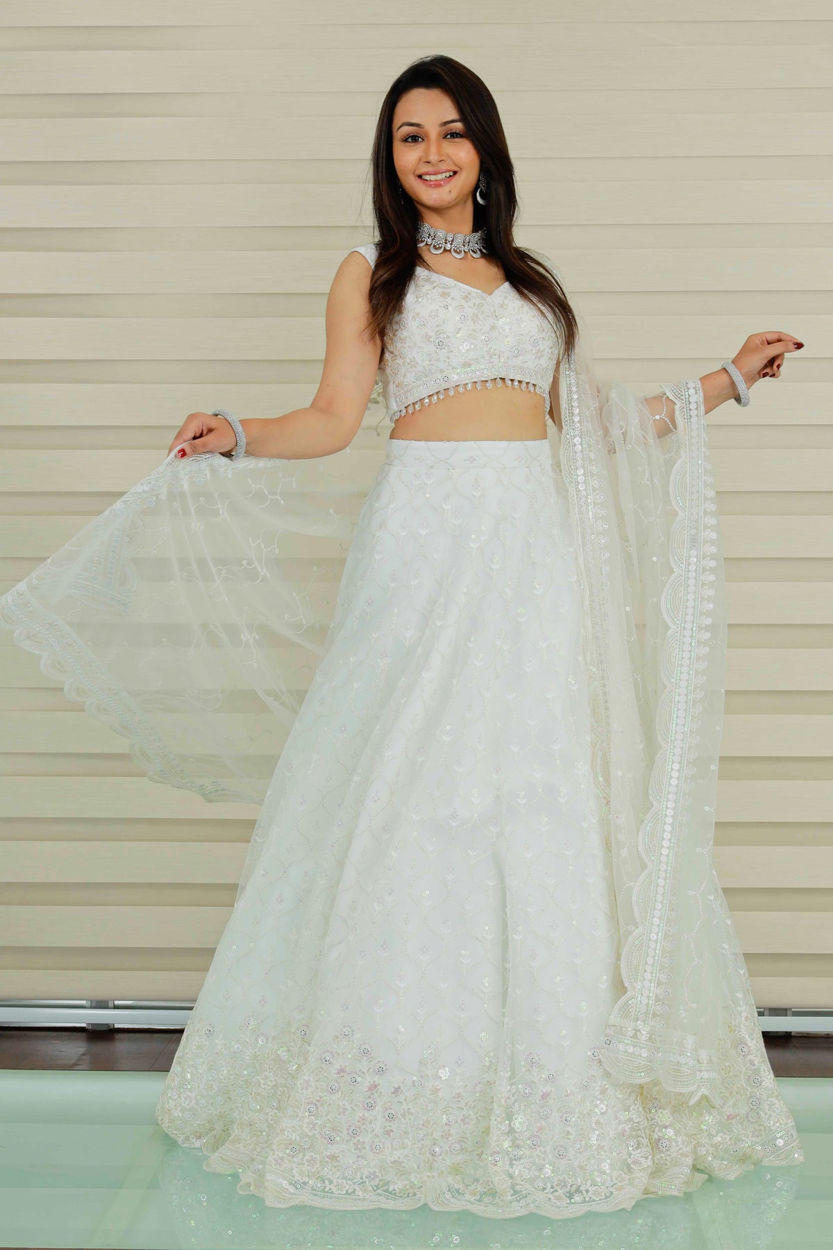 Snow White Hue Lehenga Detailied in Golden Dabka Embroidery & Thread work