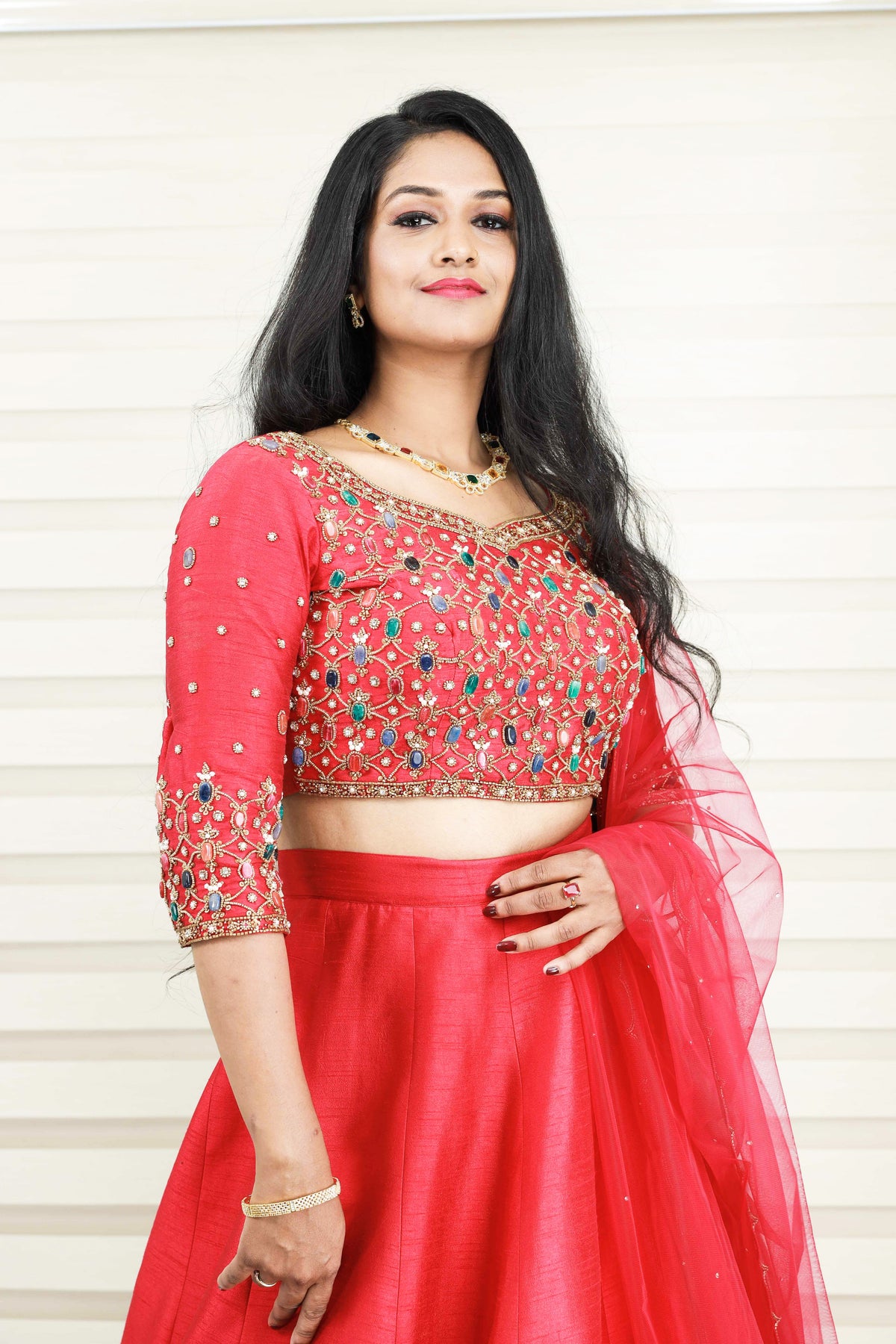 Scarlet Red Lehenga Detailed with Multi Tone Pearls & Golden Zardozi