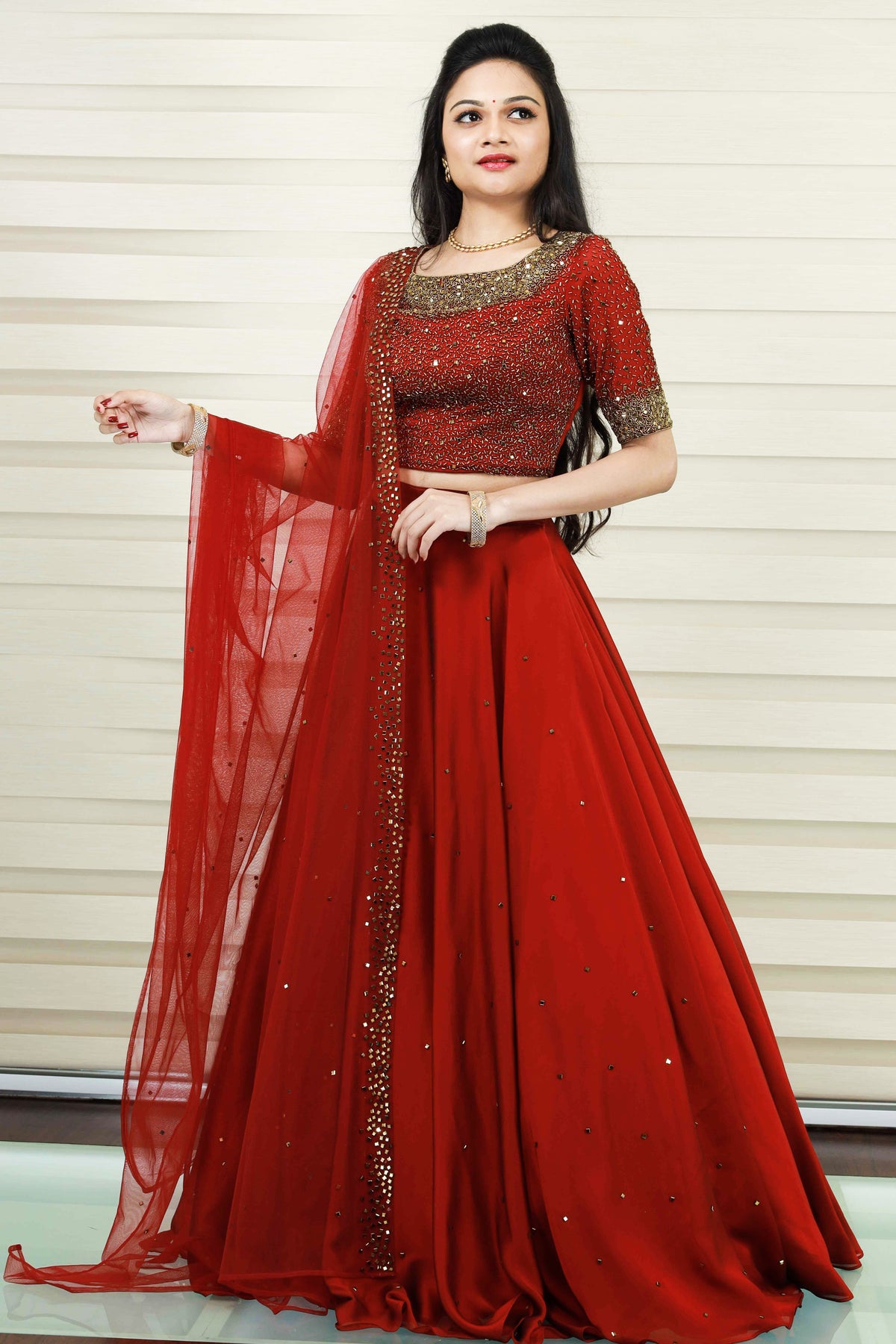 Heavy Ruby Red Lehenga with Cut Bead Embroidery & Real Mirror Highlights