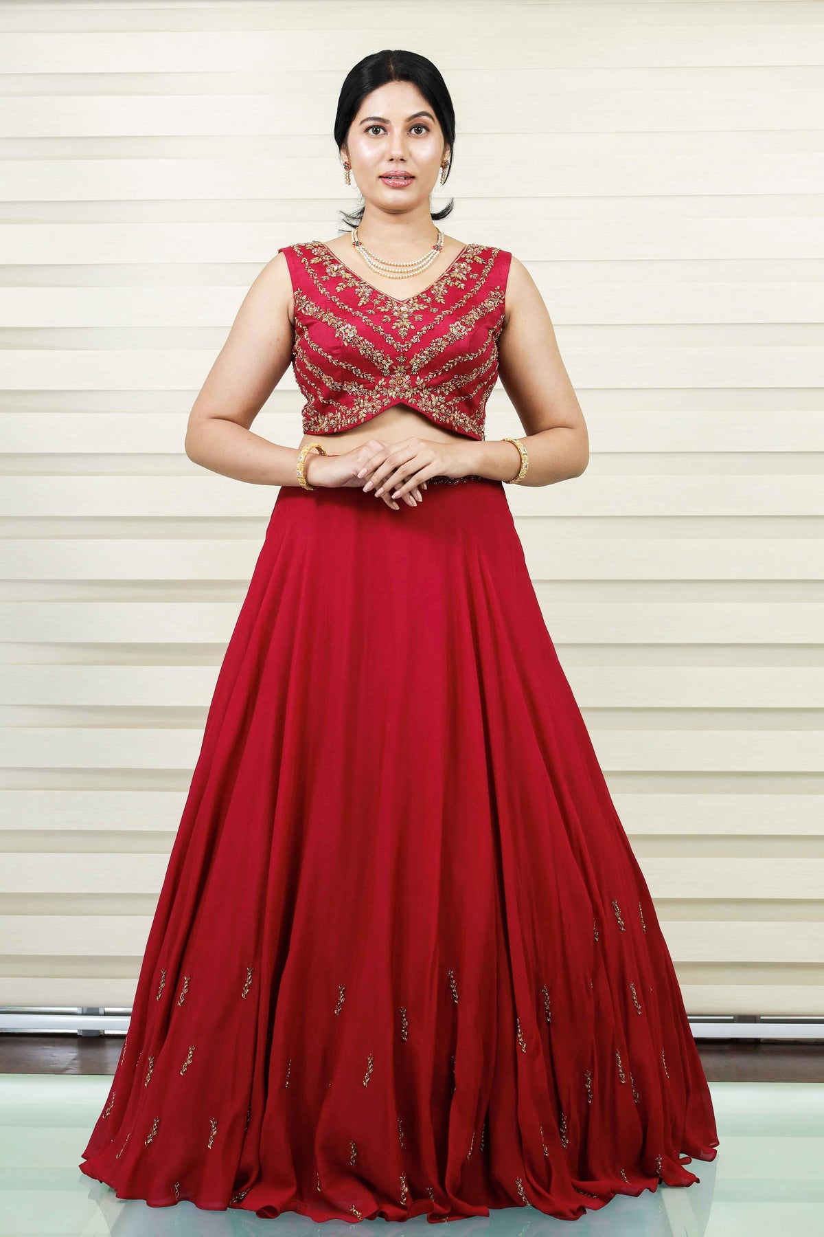 Currant Red Lehenga Detailed in Golden Floral Zardozi & Bead Work