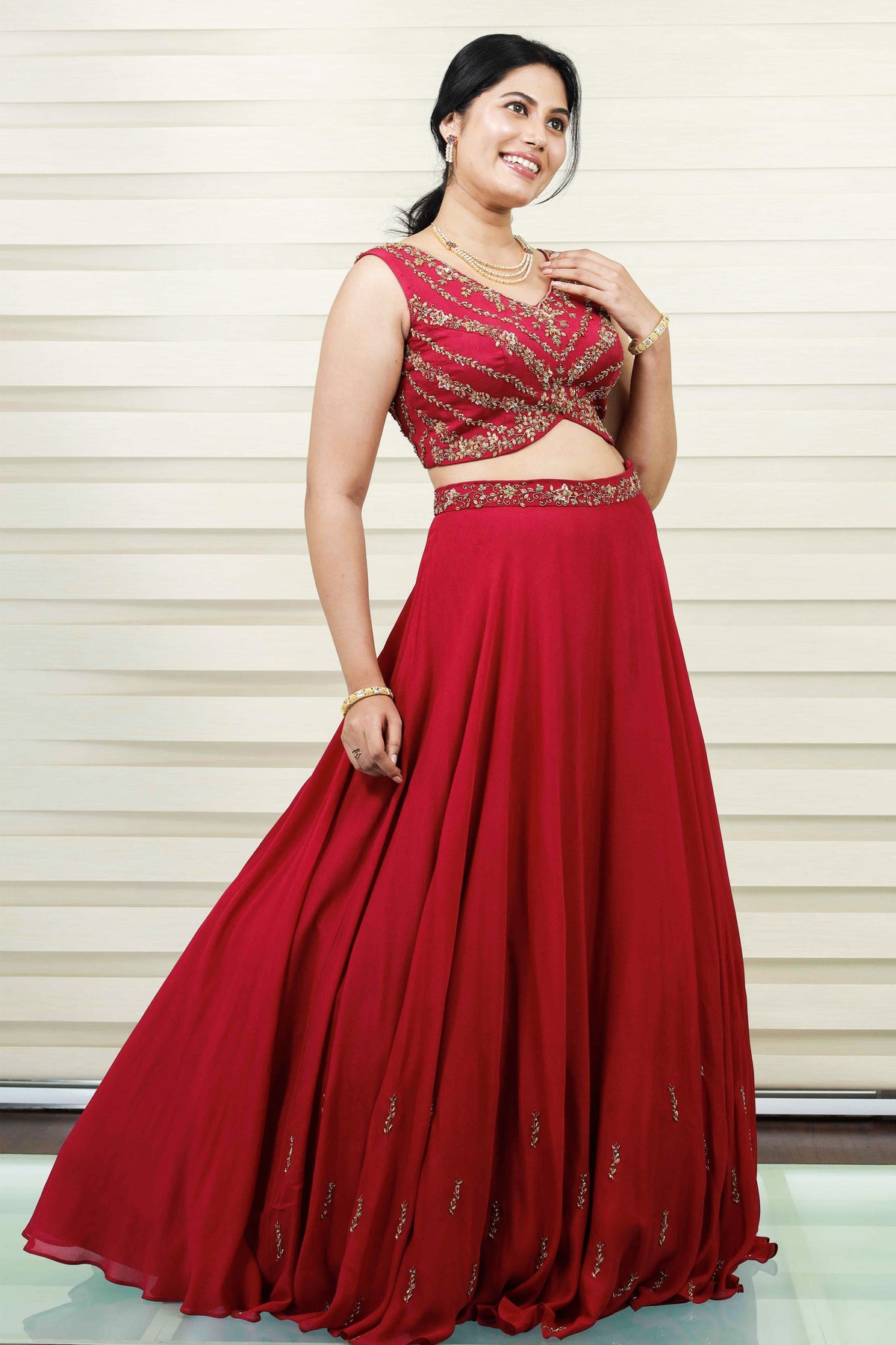 Currant Red Lehenga Detailed in Golden Floral Zardozi & Bead Work