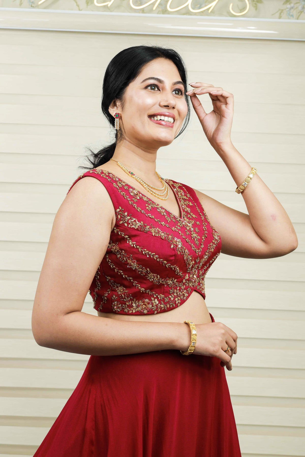 Currant Red Lehenga Detailed in Golden Floral Zardozi & Bead Work