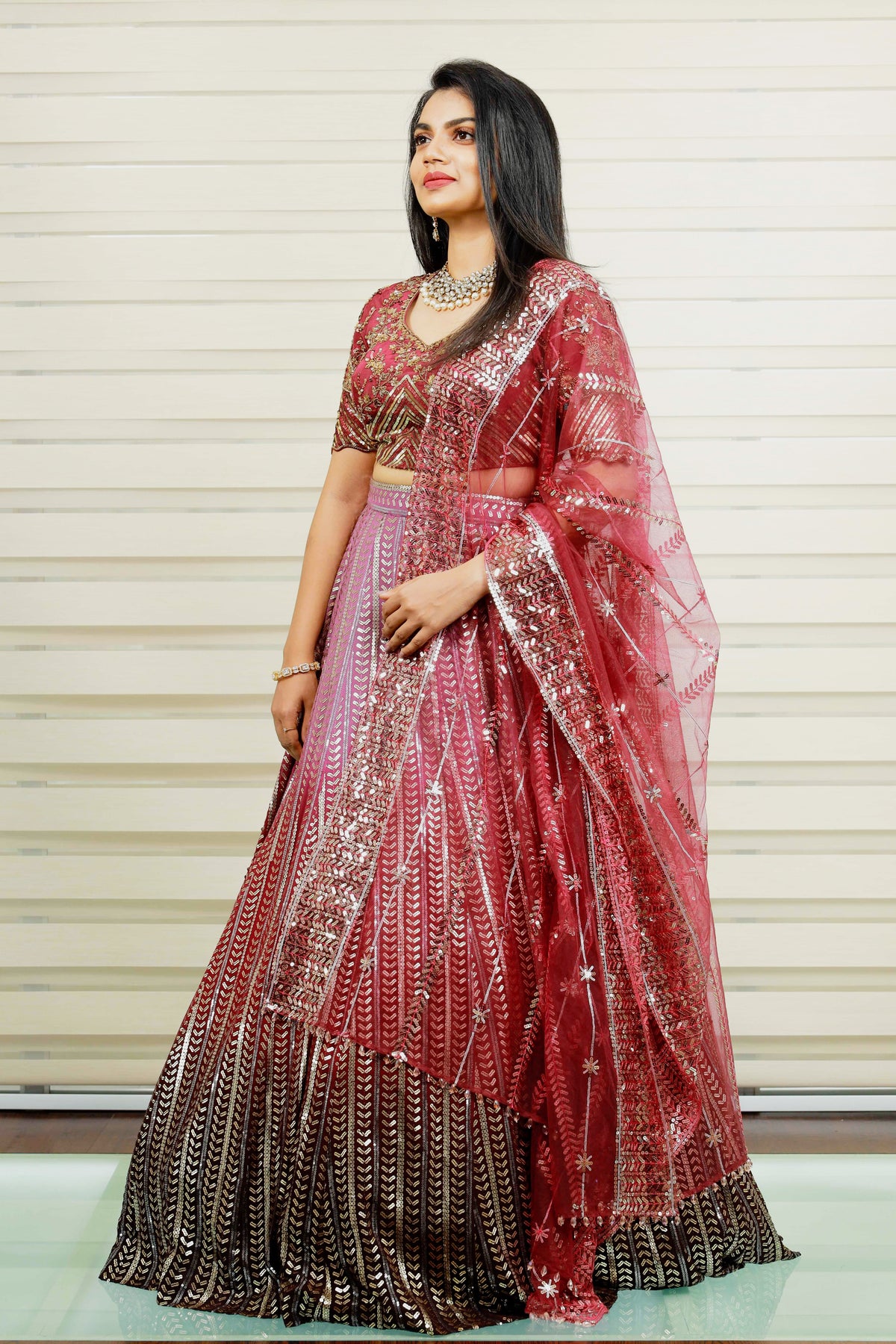 Heavy Embroidered Ombre Bridal Lehenga Detailed with Golden Floral & Geometrical Hand Work