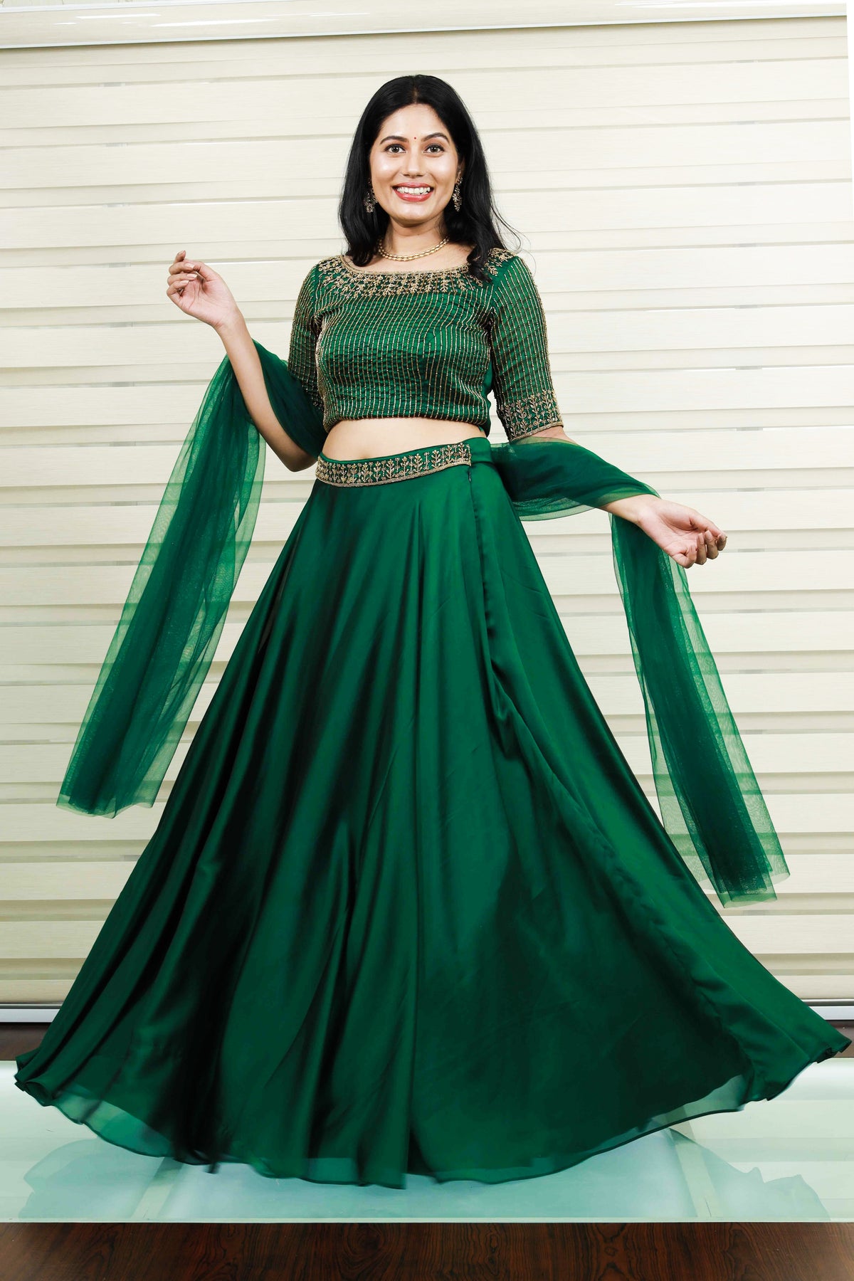 Dark Green Boat Neck Lehenga Detailed with Golden Bead Embroidery