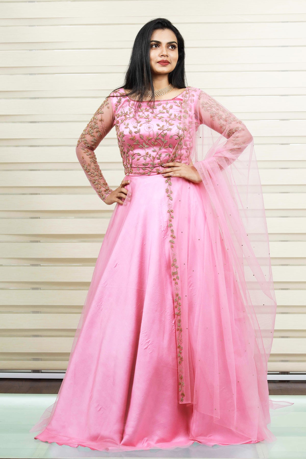 Ballet Pink Lehenga Detailed with Golden Bead Work