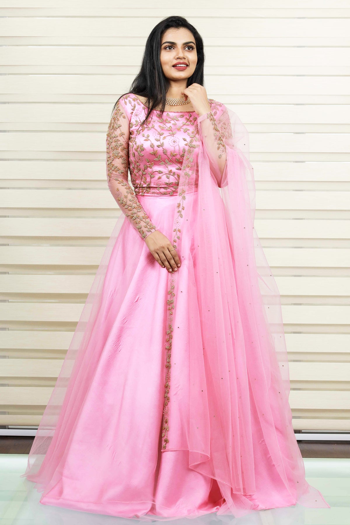 Ballet Pink Lehenga Detailed with Golden Bead Work