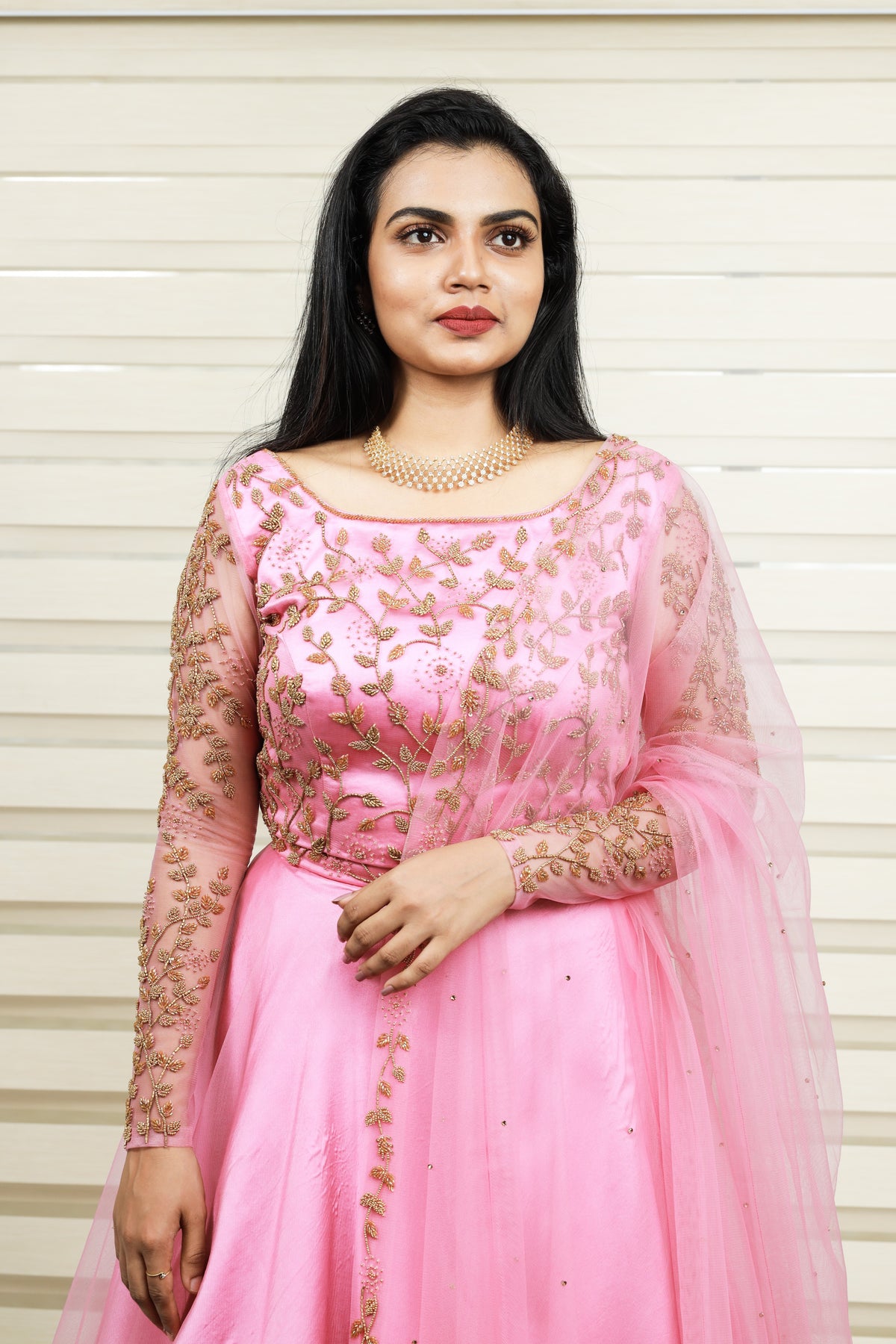 Ballet Pink Lehenga Detailed with Golden Bead Work